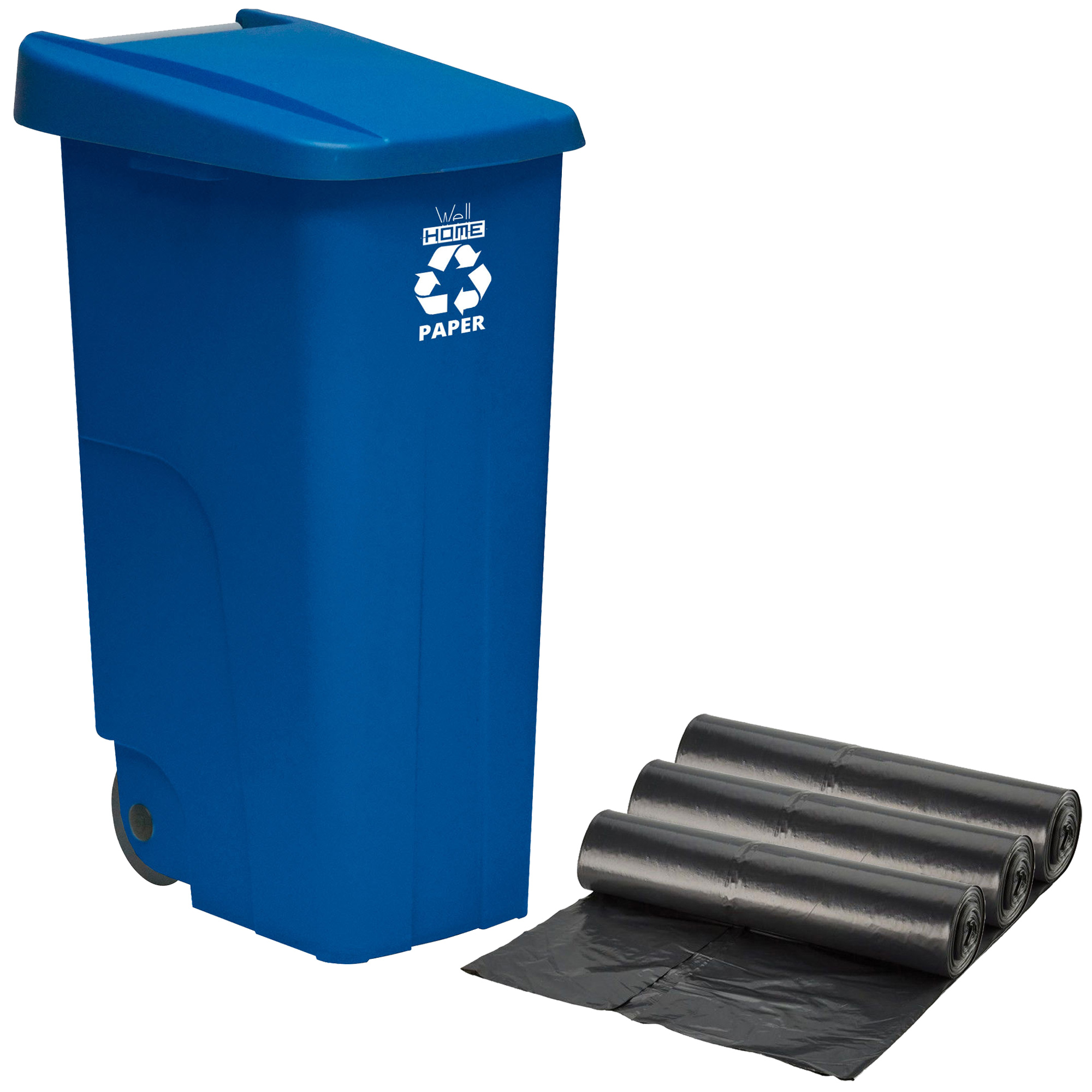 Prosperplast Contenedor WELLHOME Reciclo 110 Litros con Tapa y Ruedas + 3x Bolsas de Basura