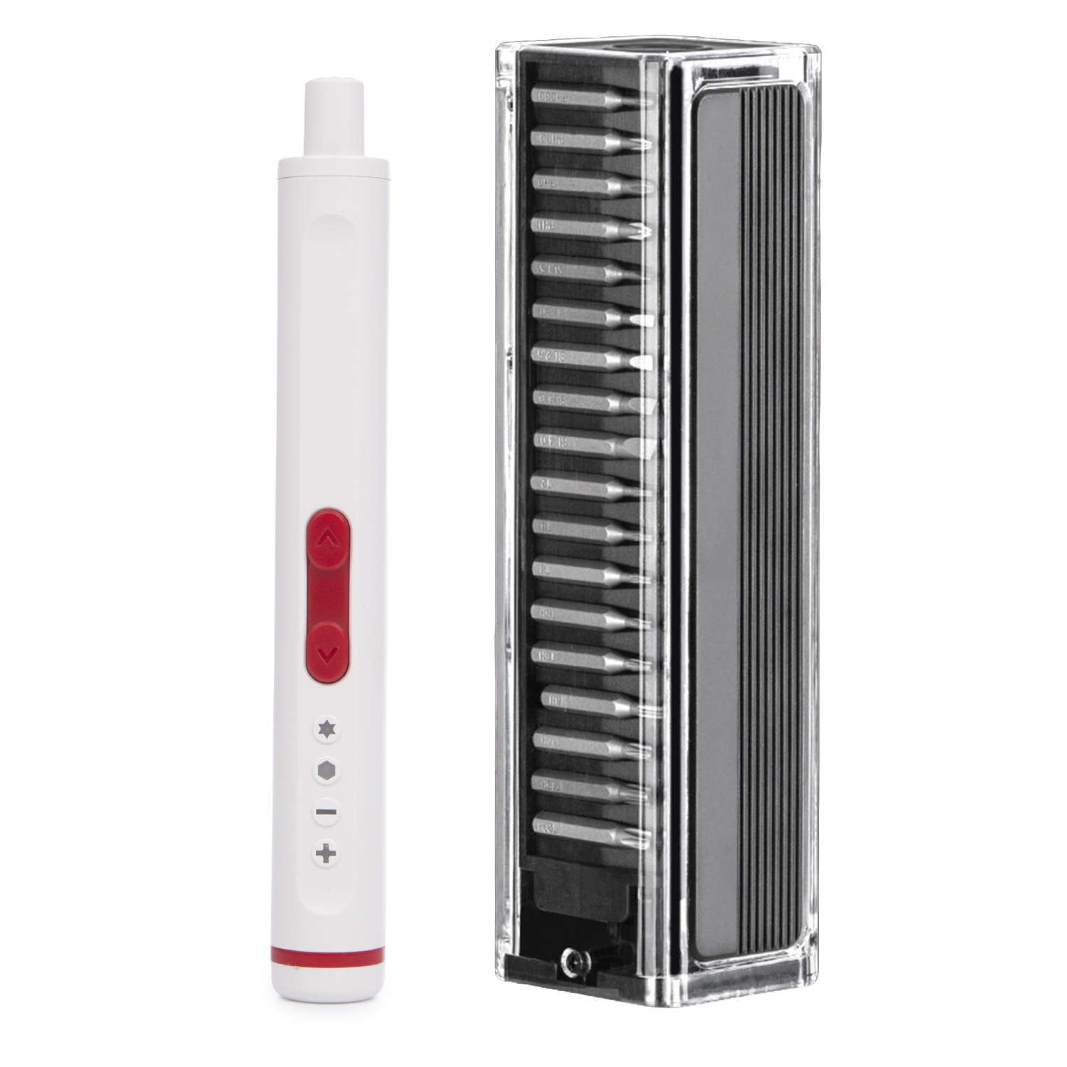 Destornillador eléctrico 40 en 1 con doble luz de trabajo, giro bidireccional, batería recargable de 350mAh, rotación de 170rpm y puntas magnéticas.