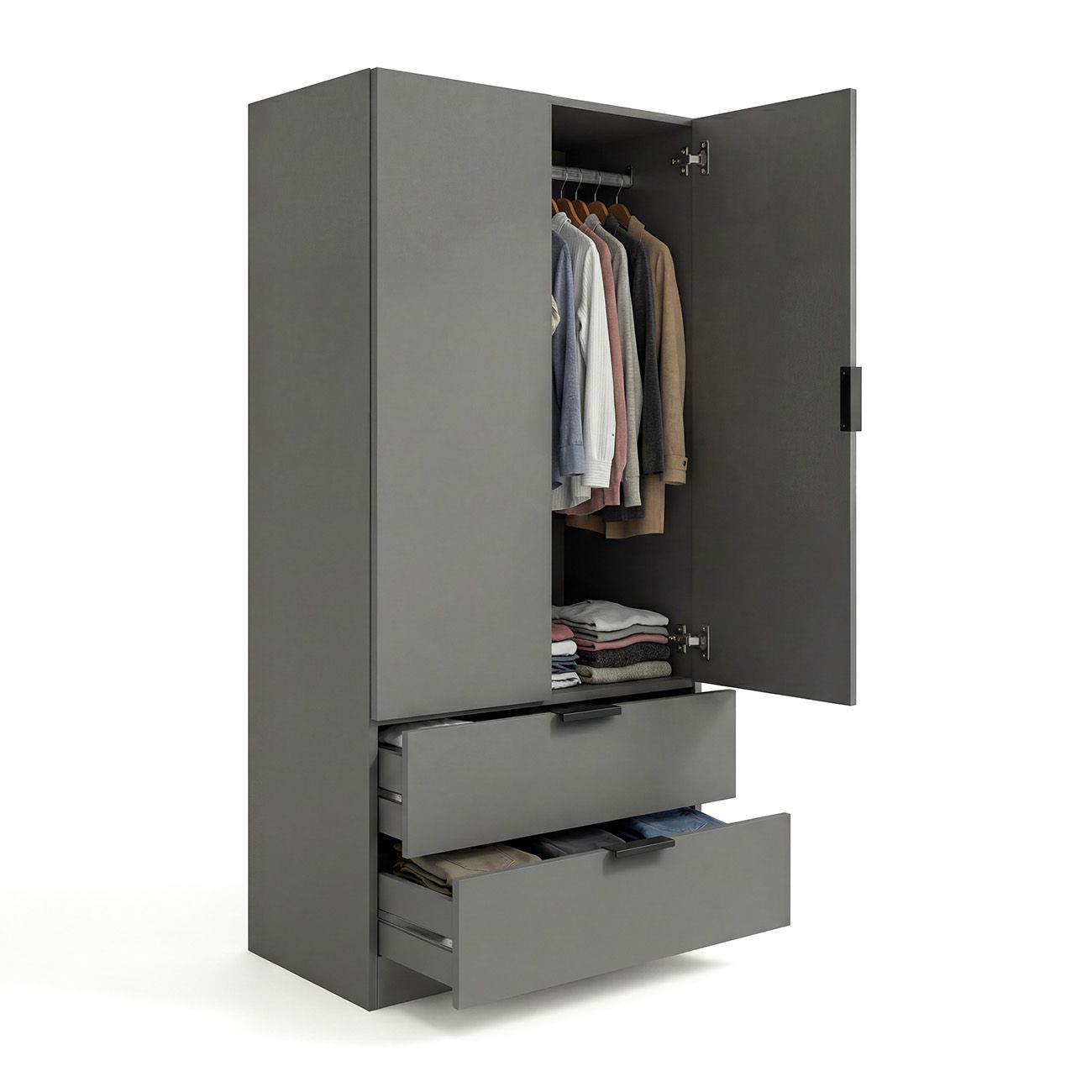 duehome - Armario de 2 puertas y 2 cajones Lark para dormitorio, fabricado en melamina de alta calidad, medidas 81,5x180x52 cm, diseño nórdico moderno con barra colgante y estantes integrados