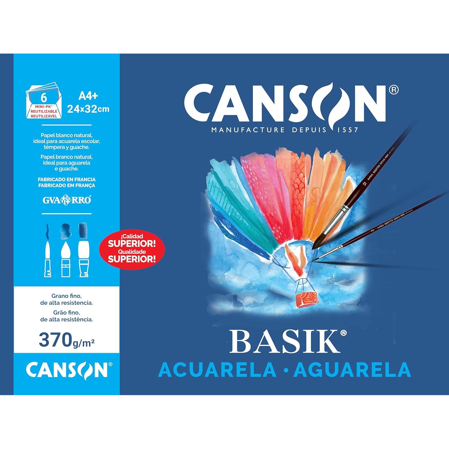 Canson Acuarela Basik, Minipack A4+ (24x32 cm), 6 Hojas, 370g, Blanco Natural