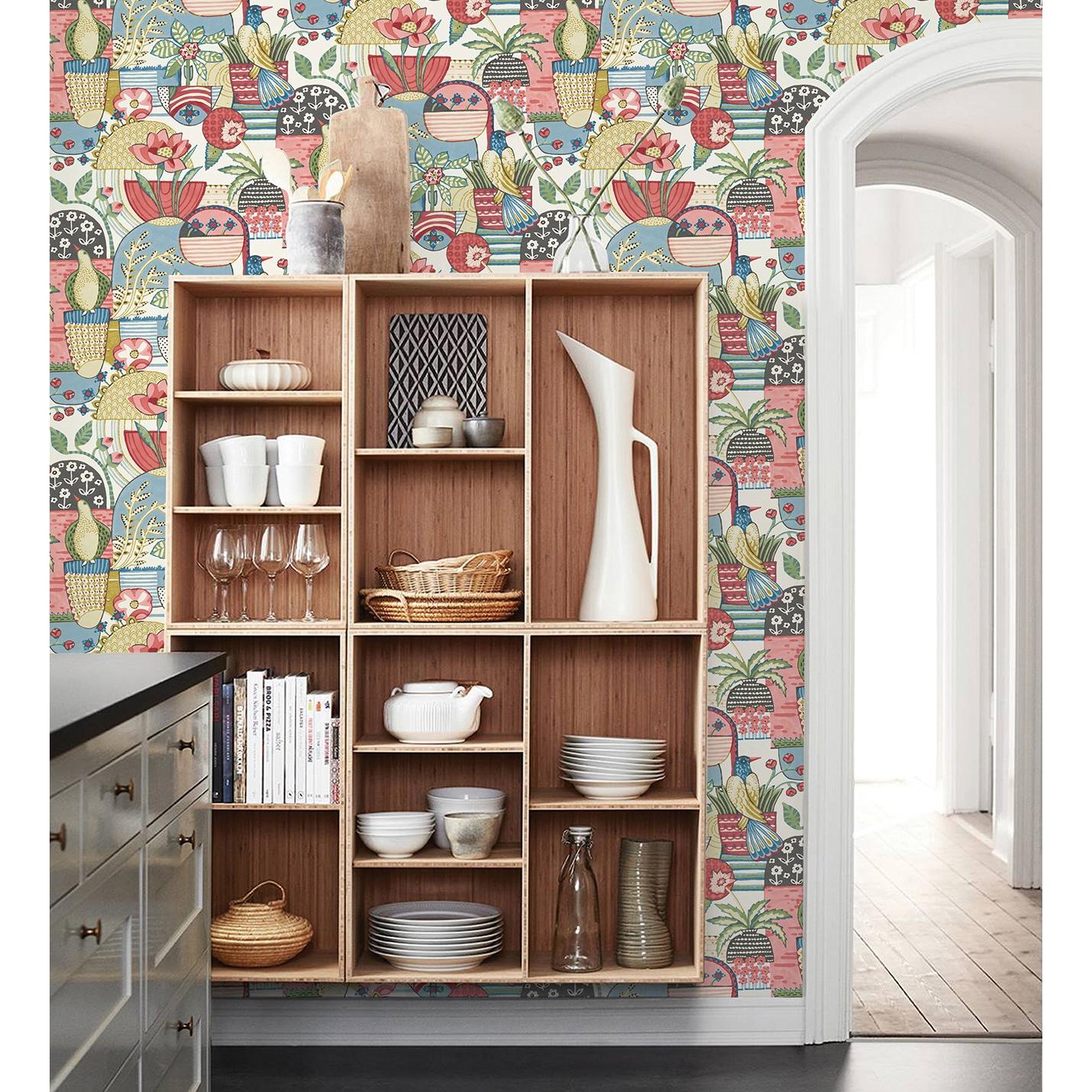 Papel pintado vinílico ecológico maceta de plantas y flores con pájaros multicolor - Dafne 682094 de GAULAN - Rollo de 10 m x 0,52 m