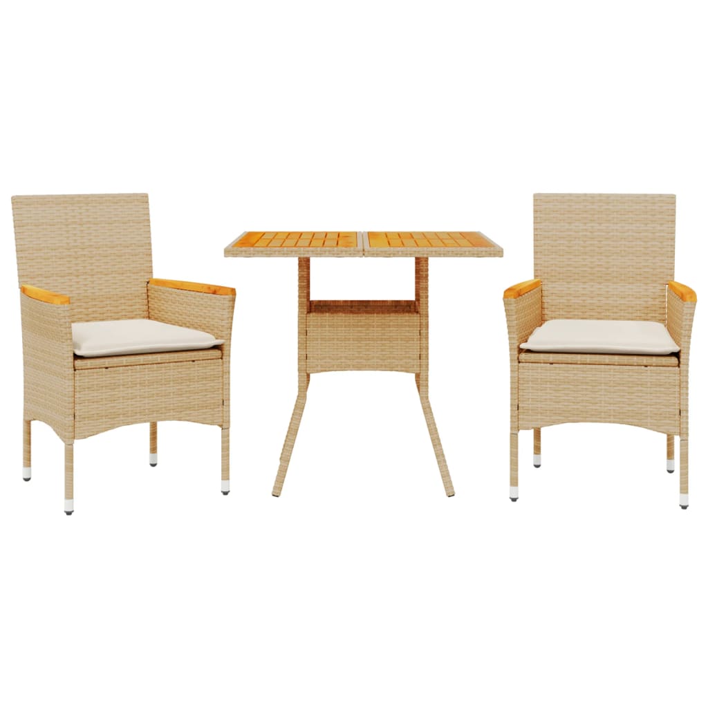 vidaXL Set de comedor jardín 3 pzas con cojines ratán PE acacia beige
