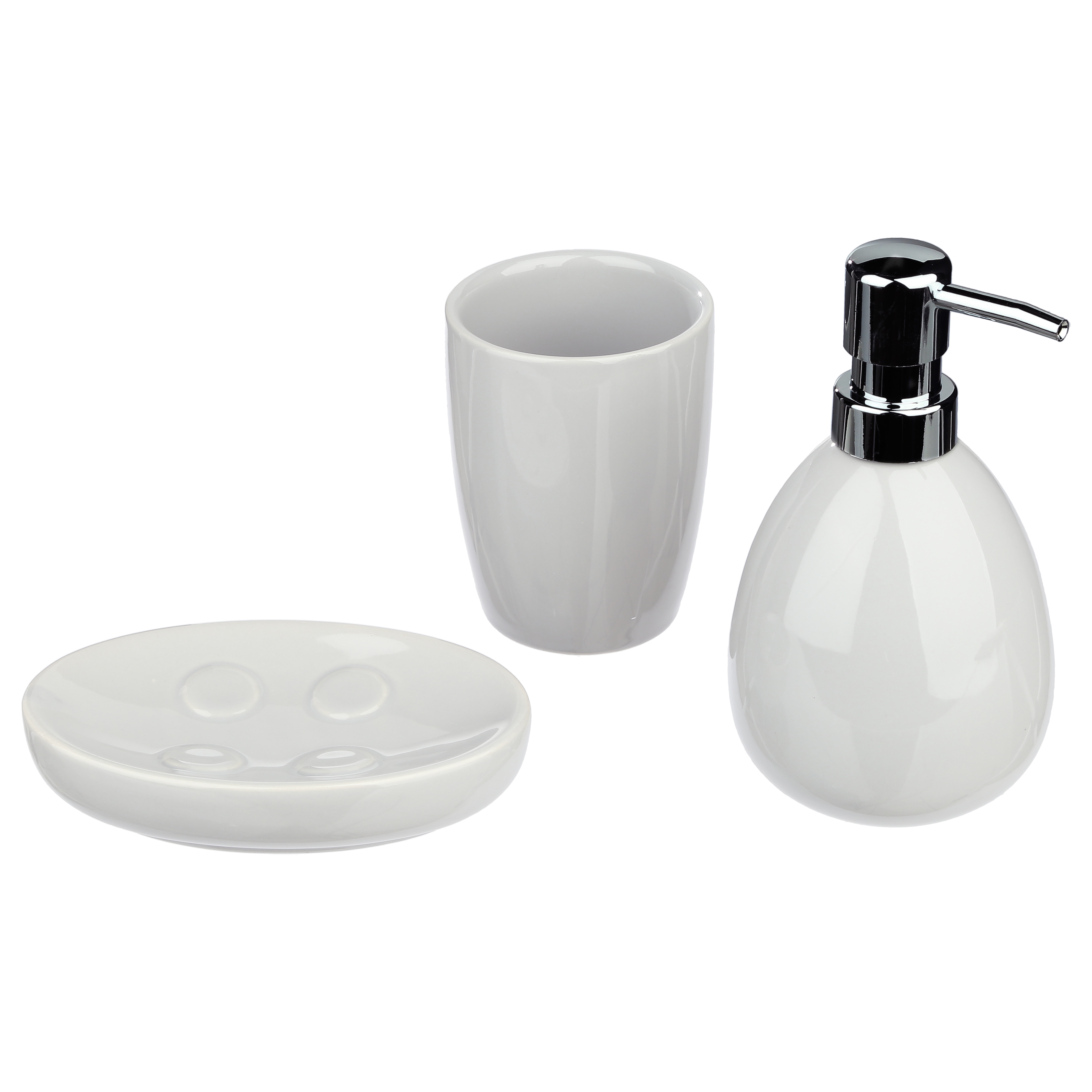 Juego de baño 3 piezas SBD sol, blanco: dispensador jabon, vaso y jabonera
