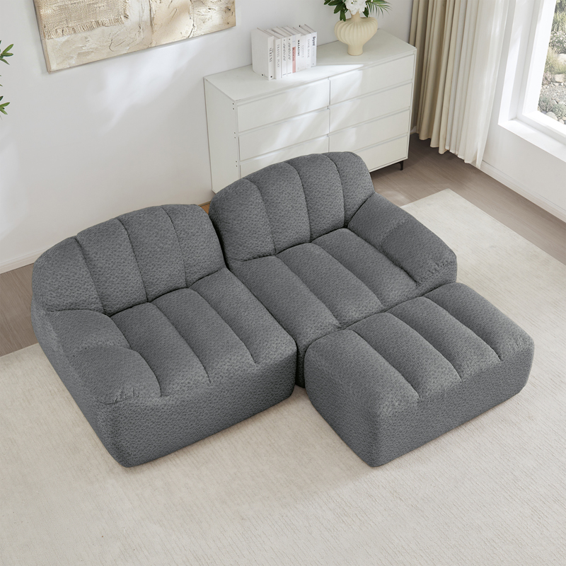 Canapé modulaire gris 2 places en L avec ottoman et assise profonde