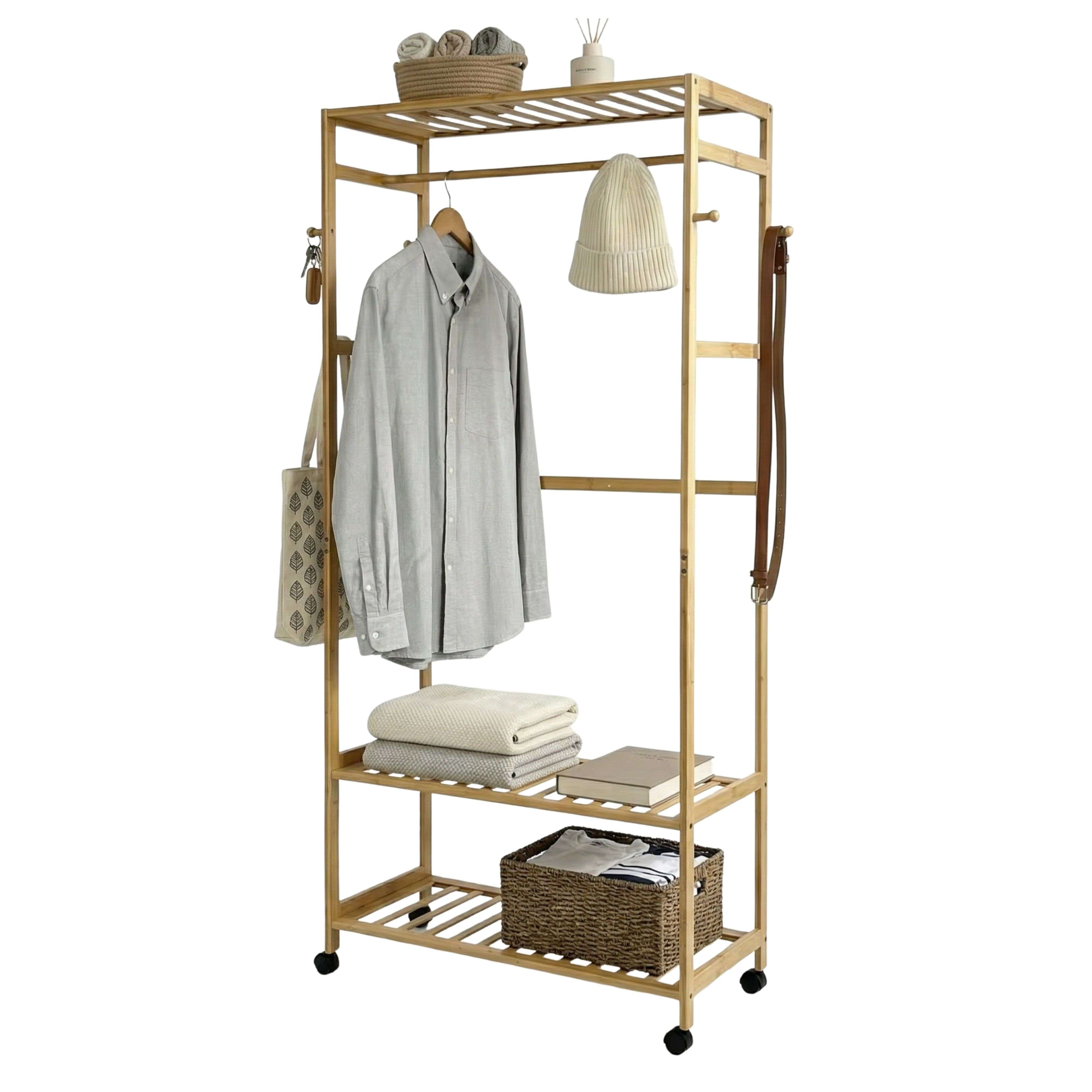 Miroytengo Perchero Bambú Take Dormitorio, Baño, Vestidor Abierto con 4 Ruedas Marrón 78x169x37 cm