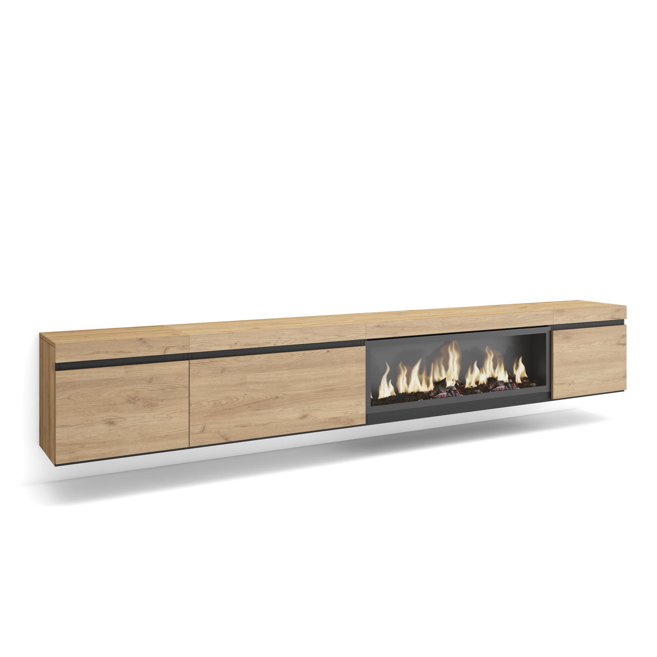 Skraut Home, Mueble TV con tres puertas, 288x35x45cm, Chimenea eléctrica XXL led efecto fuego 3d, Colgado, Suspendido