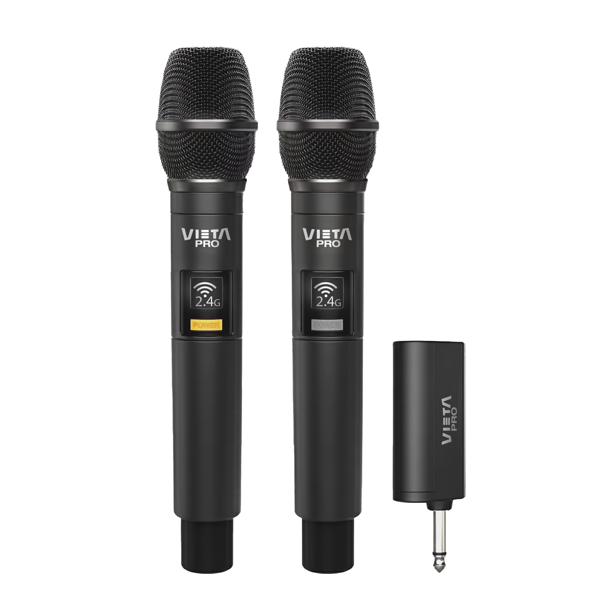 Vieta Pro Pack de 2 micrófonos inalámbricos, Party Mic Duo 2, Conector USB-C, 6.5 mm Mono Jack, Baja interferencia y un Receptor de hasta 12 Horas de duración.