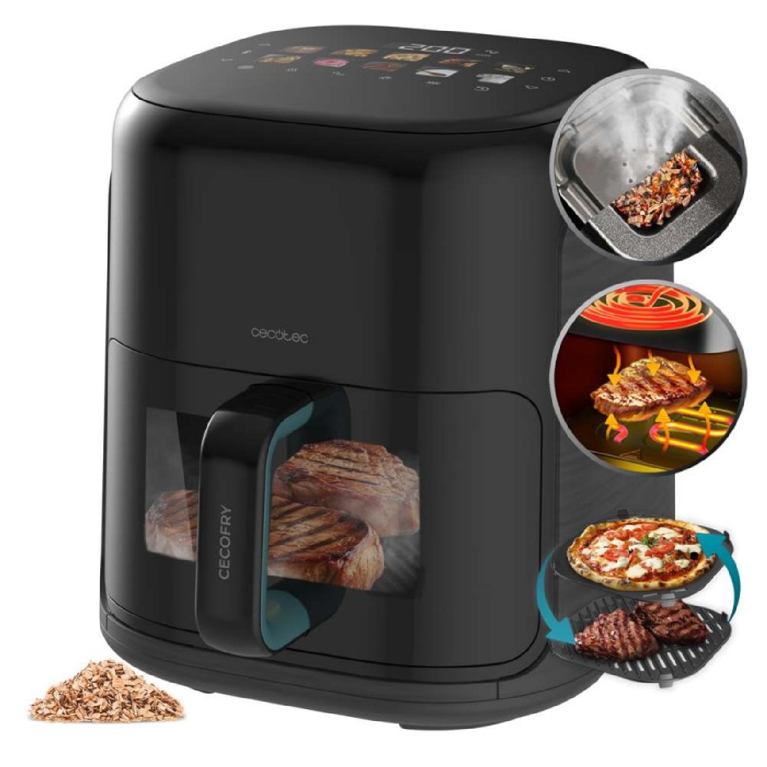 Cecotec Freidora de Aire sin Aceite 4L Plancha Grill con 4 Resistencias Ahumador Integrado Air Fryer Cecofry&Grill Smokin'Prime