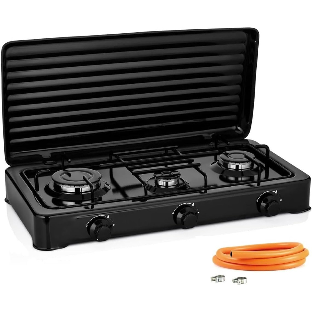 Cocina Hornillo de gas portatil para camping y exterior con 3 quemadores, 30  -  50 mbar, placa de gas con tapa, manguera incluida COSHANO