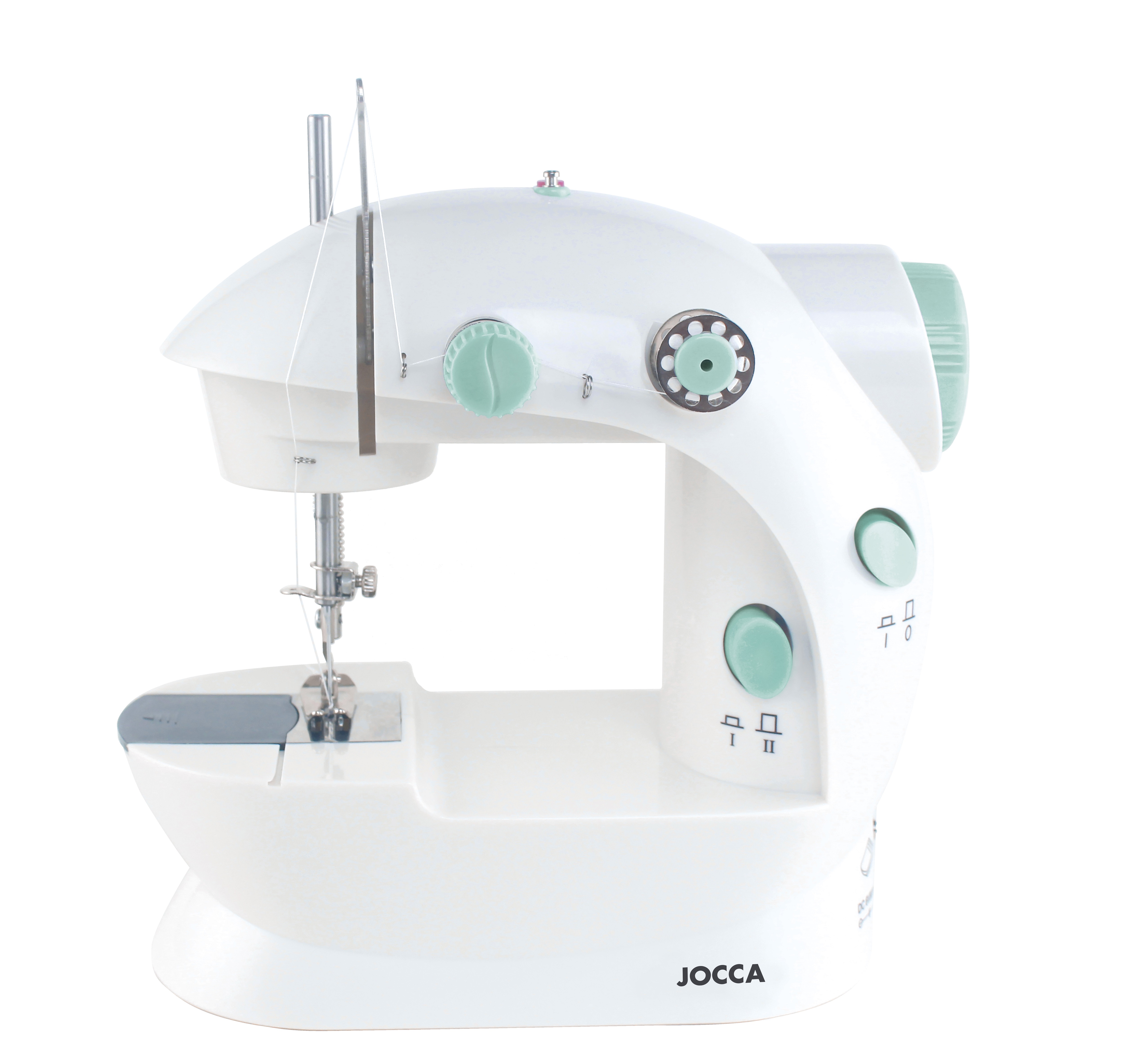 Jocca - Máquina de coser Jocca con diseño compacto, ligero y portátil, funciona a pilas o conectada a la corriente. Incluye pedal y adaptador. Puede seleccionarlo con o sin kit de costura.