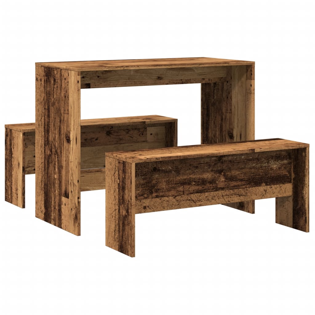 vidaXL Mesa y bancos de comedor 3 pzas madera de ingeniería envejecida