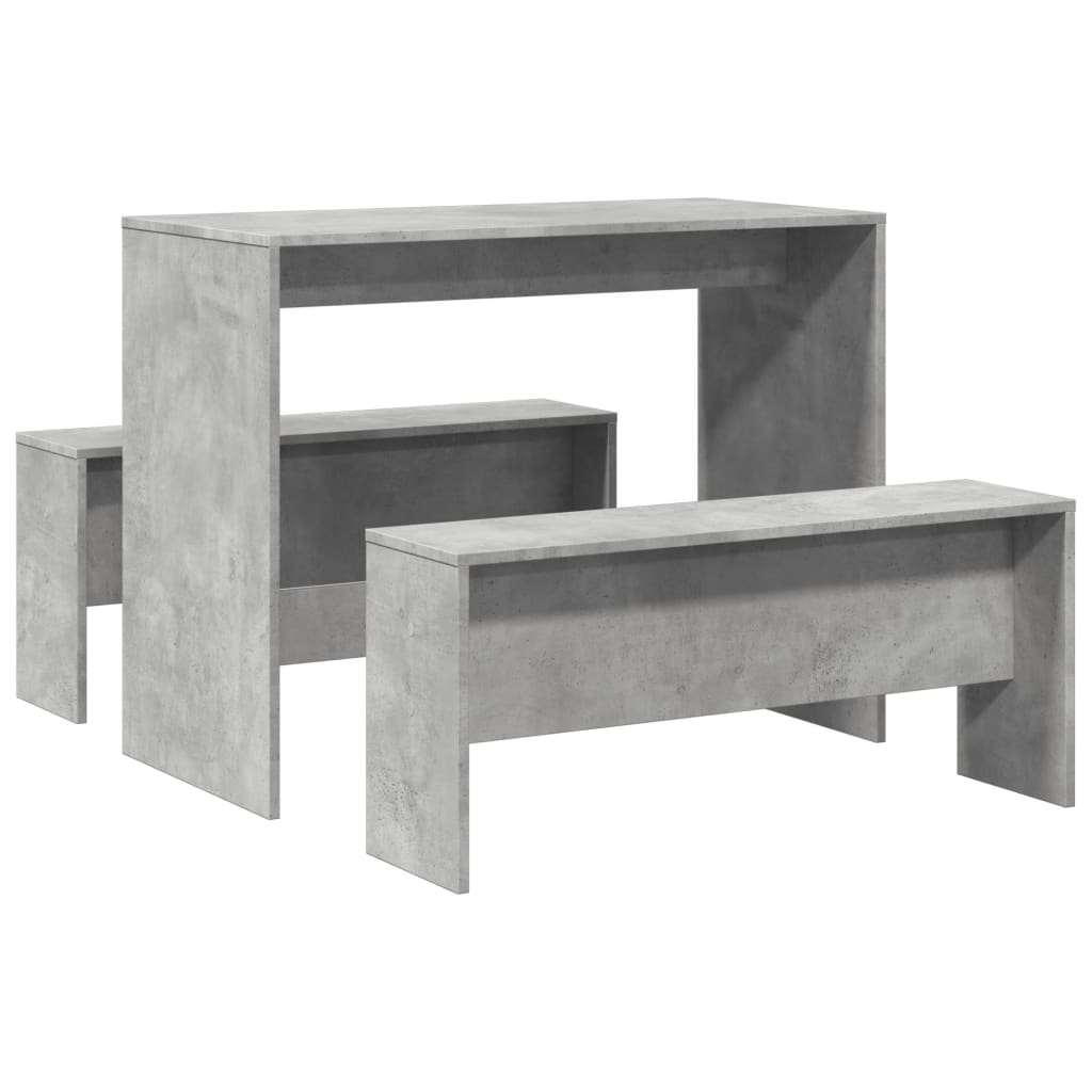 vidaXL Mesa y bancos de comedor 3 pzas madera ingeniería gris hormigón