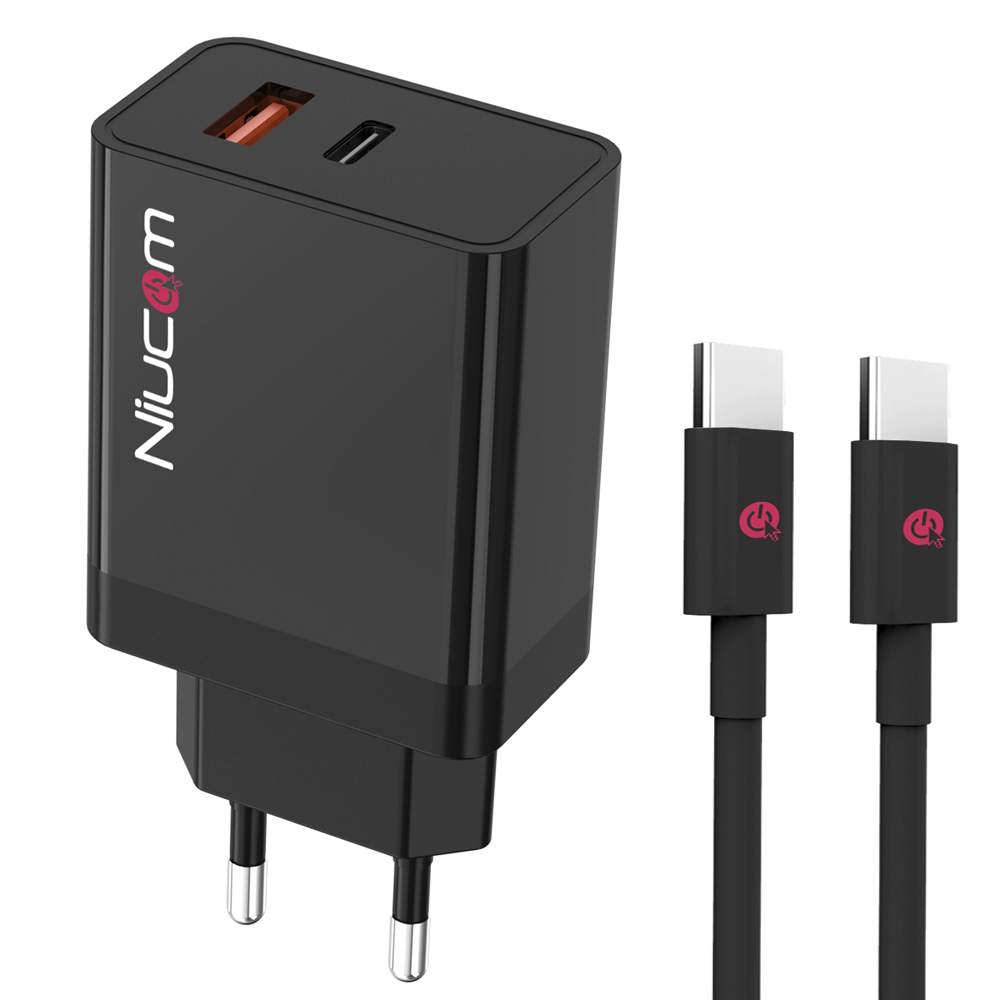 Niucom cargador de carga rápida 36W doble puerto USB tipo C PD + USB A 3.0 enchufe adaptador de pared para smartphone + cable usb tipo C