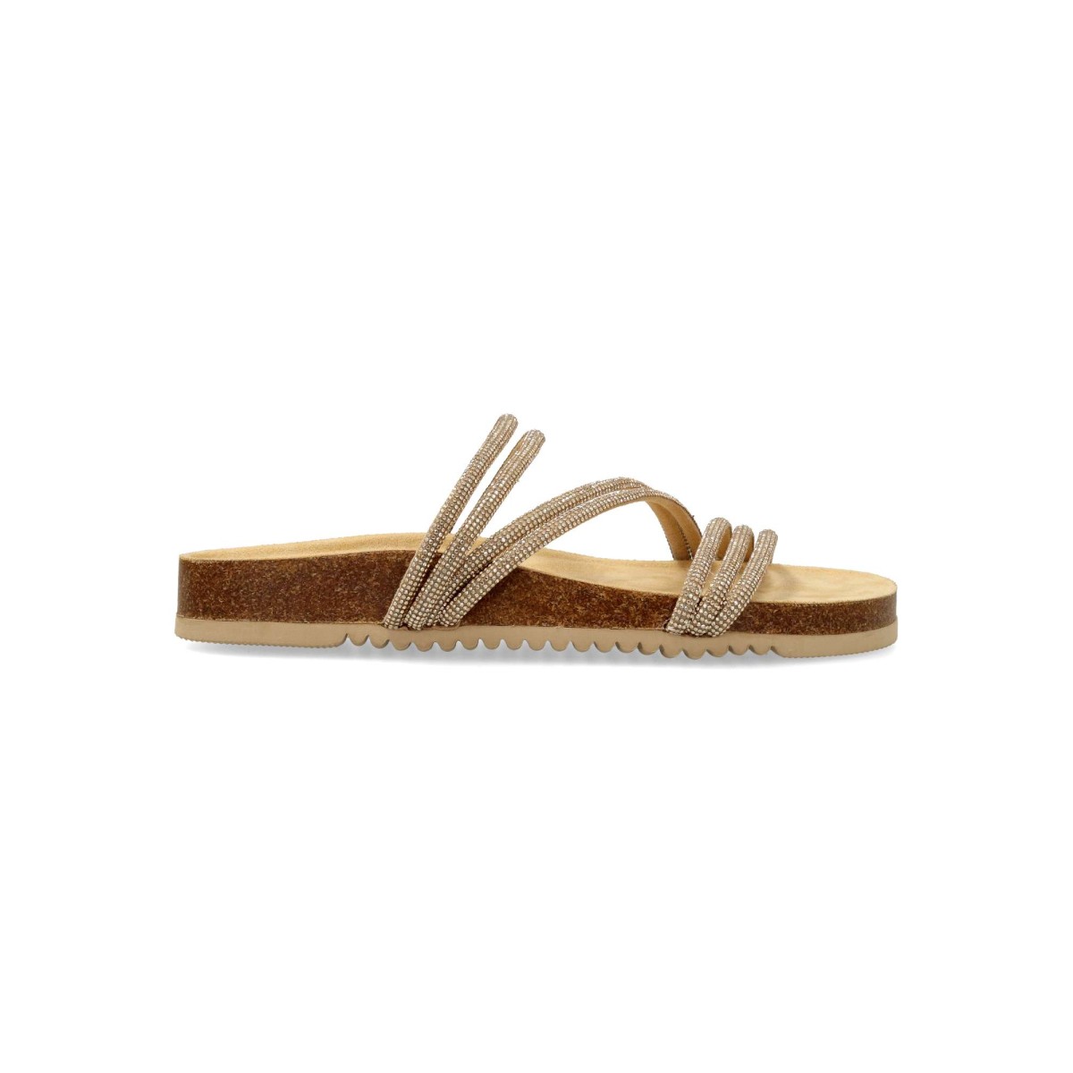 XTI - Sandalias de mujer bio con tiras finas en antelina suave, decoradas con strass tonales para un brillo discreto y elegante, certificadas veganas