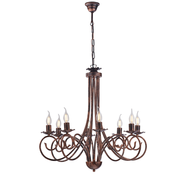 Alma - Lámpara de araña de hierro lacado en negro con decoración. Lámpara de cobre antiguo de 8 luces, 128 cm, Ø67 cm, BL130-8-NR - Belight