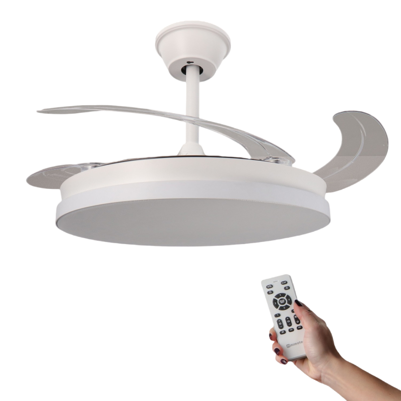 Ventilador de Techo LED-COLOR Blanco&Cristal Motor DC 106cm con Aspas Retráctiles Luz LED 30W Control Remoto y Eficiencia Energética Oferta