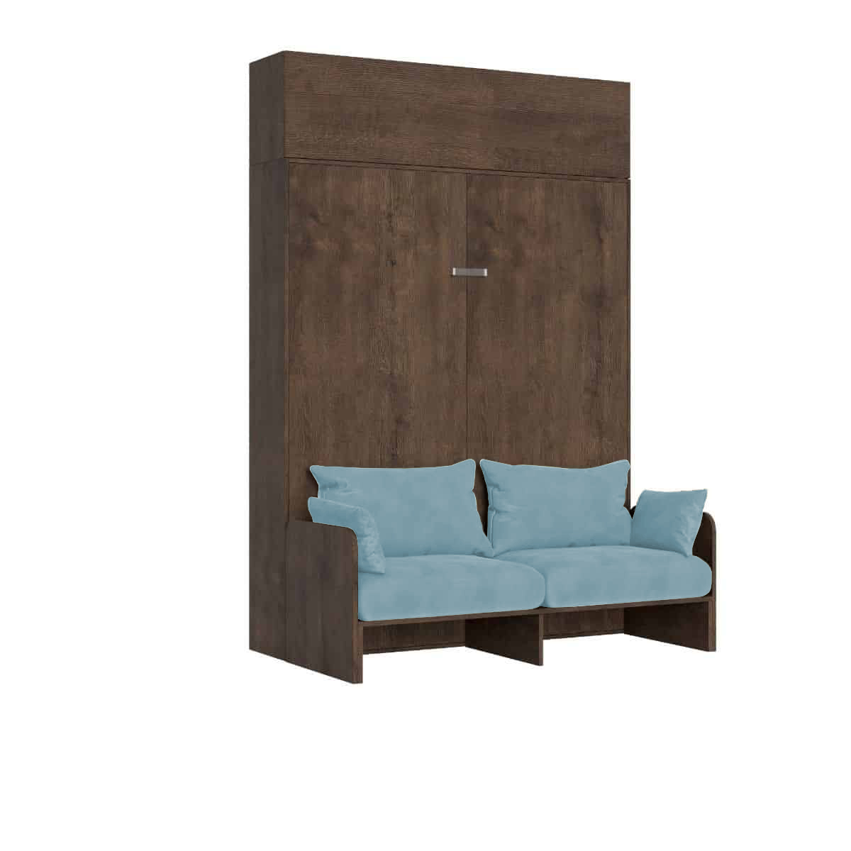 Cama doble abatible Kentaro de 160 cm con sofá y mueble alto de nogal, color azul claro - Itamoby