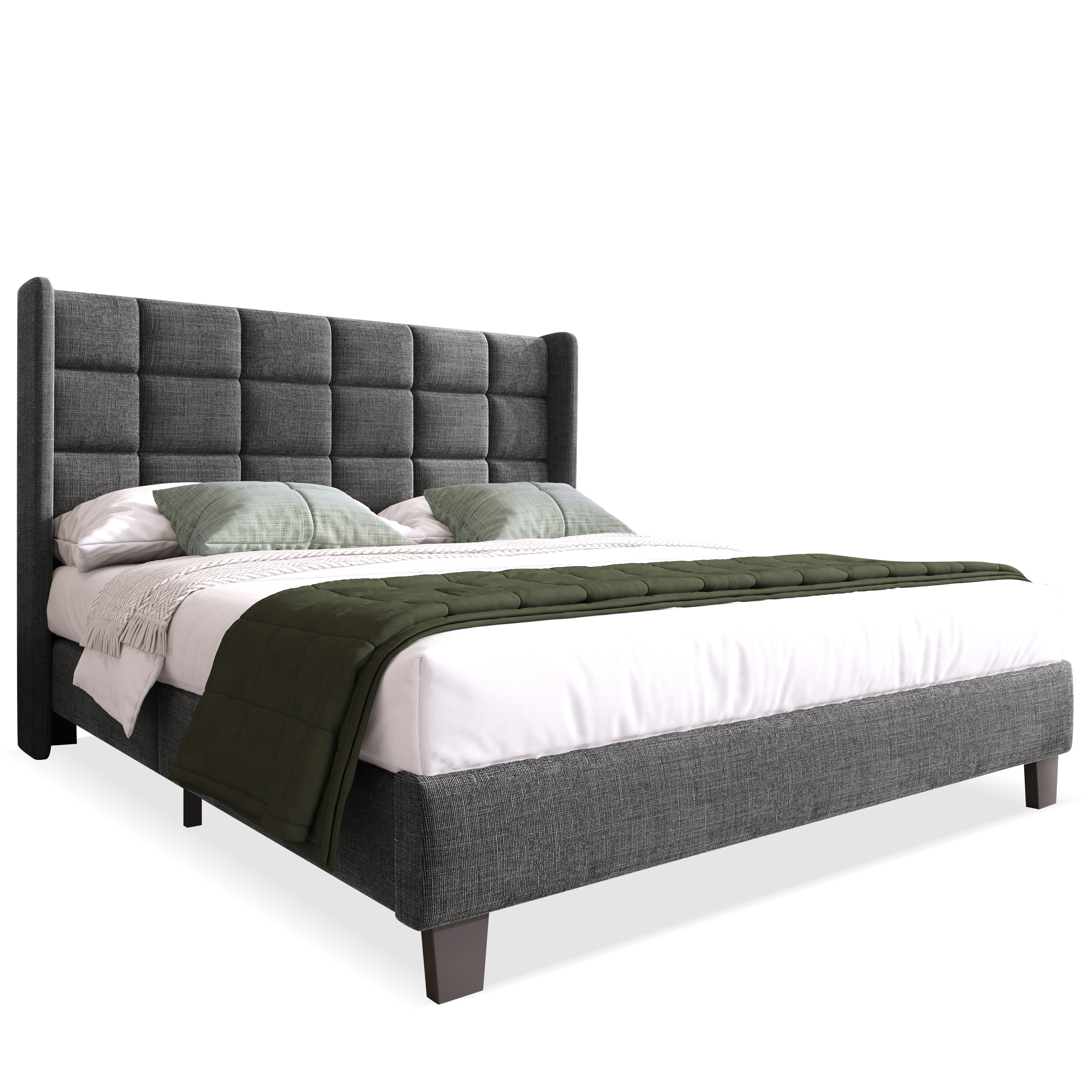 Lit double rembourré gris 140 x 200 cm en tissu lin avec tête de lit capitonnée et sommier à lattes