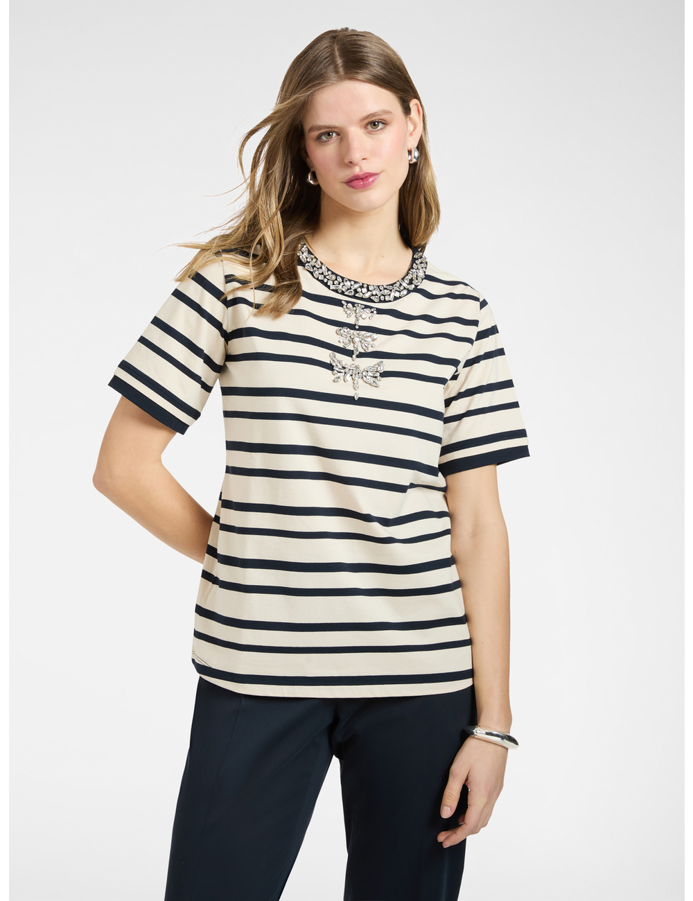 Elena Mirò - Camiseta de rayas con bordados