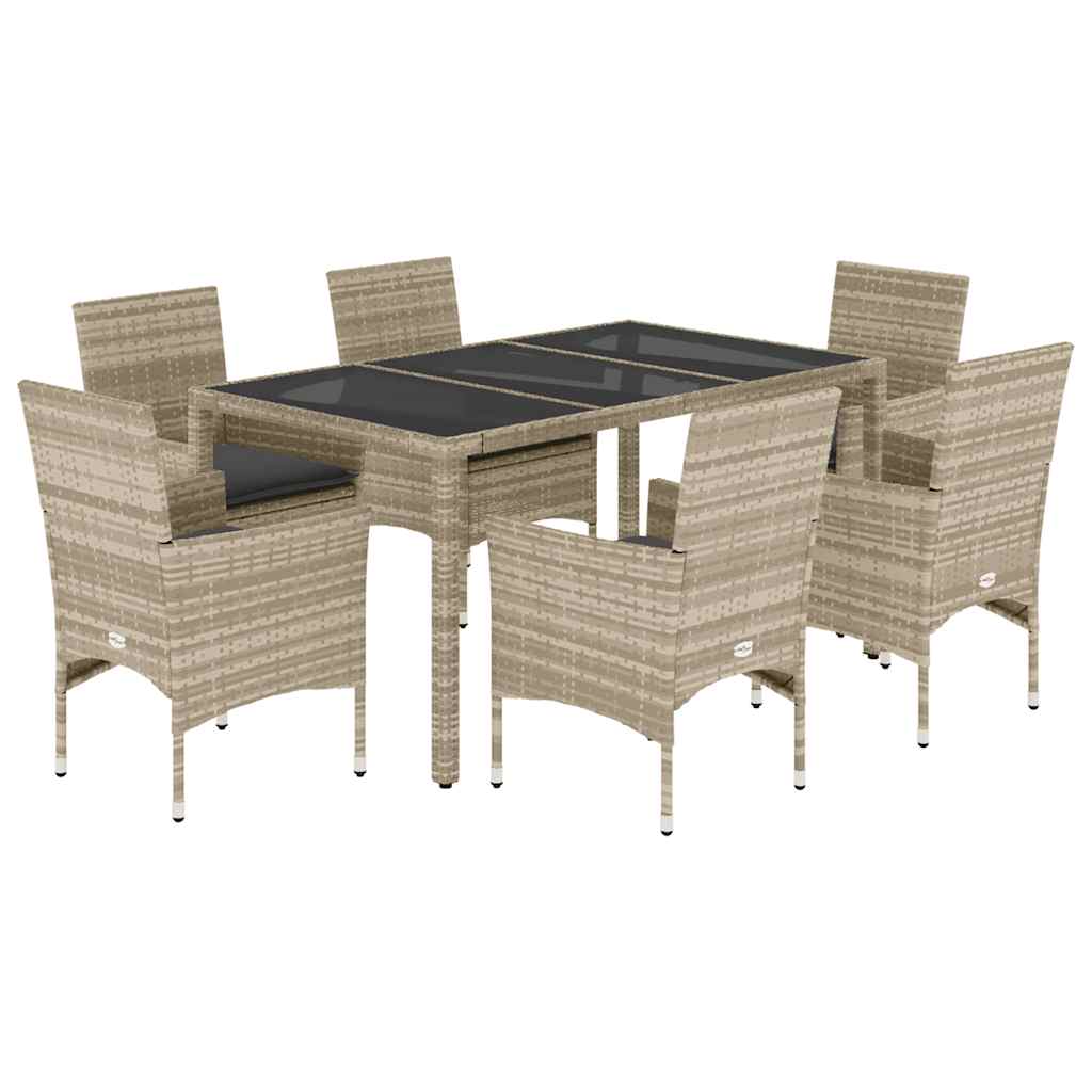 vidaXL Set de comedor jardín 7 piezas y cojines ratán PE y vidrio gris