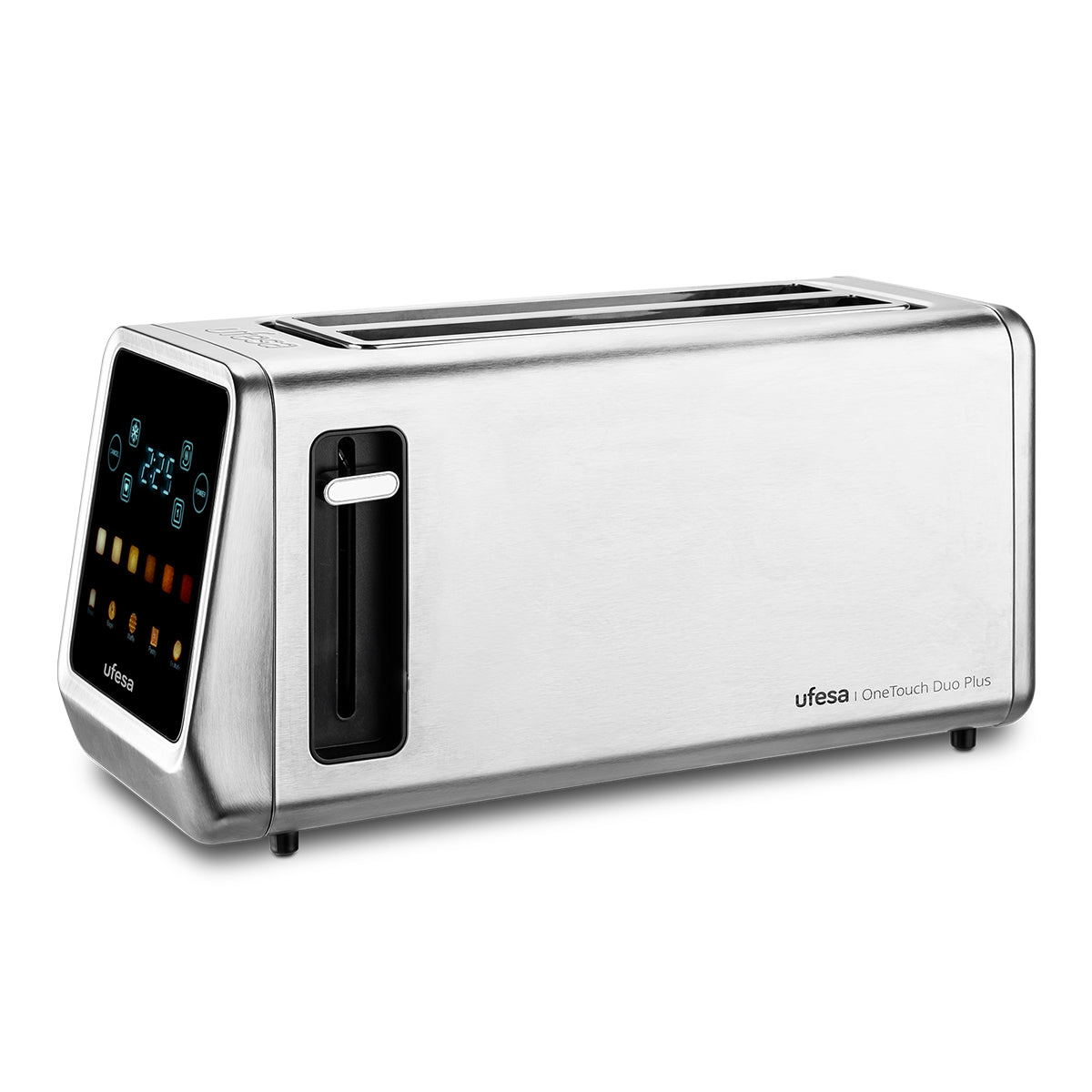 Ufesa - Tostador digital OneTouch Duo Plus de 2 ranuras 1450W con ranuras extra anchas para bagels, muffins y gofres, 6 niveles de tostado, función recalentar/descongelar/individual y memoria, bandeja recogemigas extraíble