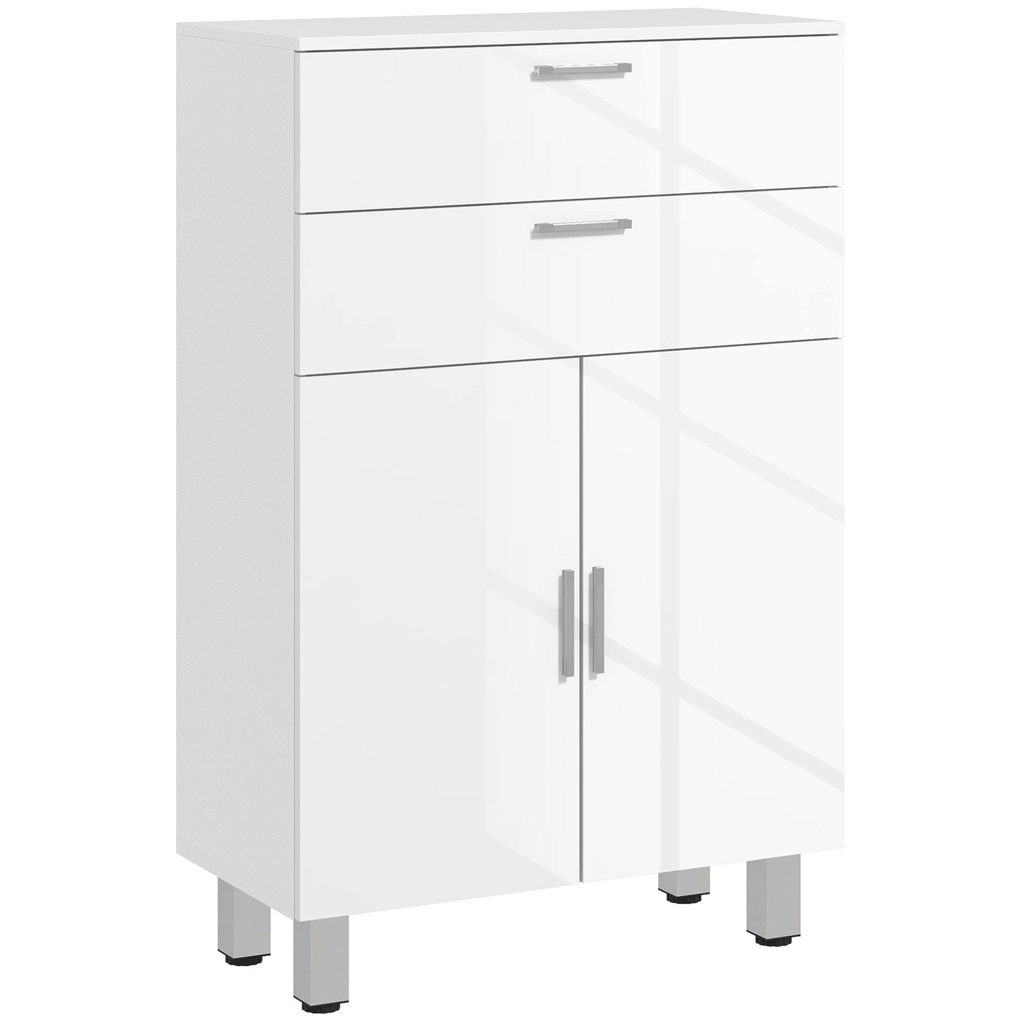 kleankin Mueble Auxiliar Baño Moderno Armario de Baño con 2 Cajones Armario y Estantes Ajustables Mueble de Almacenaje para Salón Dormitorio Antivuelco Carga 35 kg 60x30x93 cm Blanco Brillante