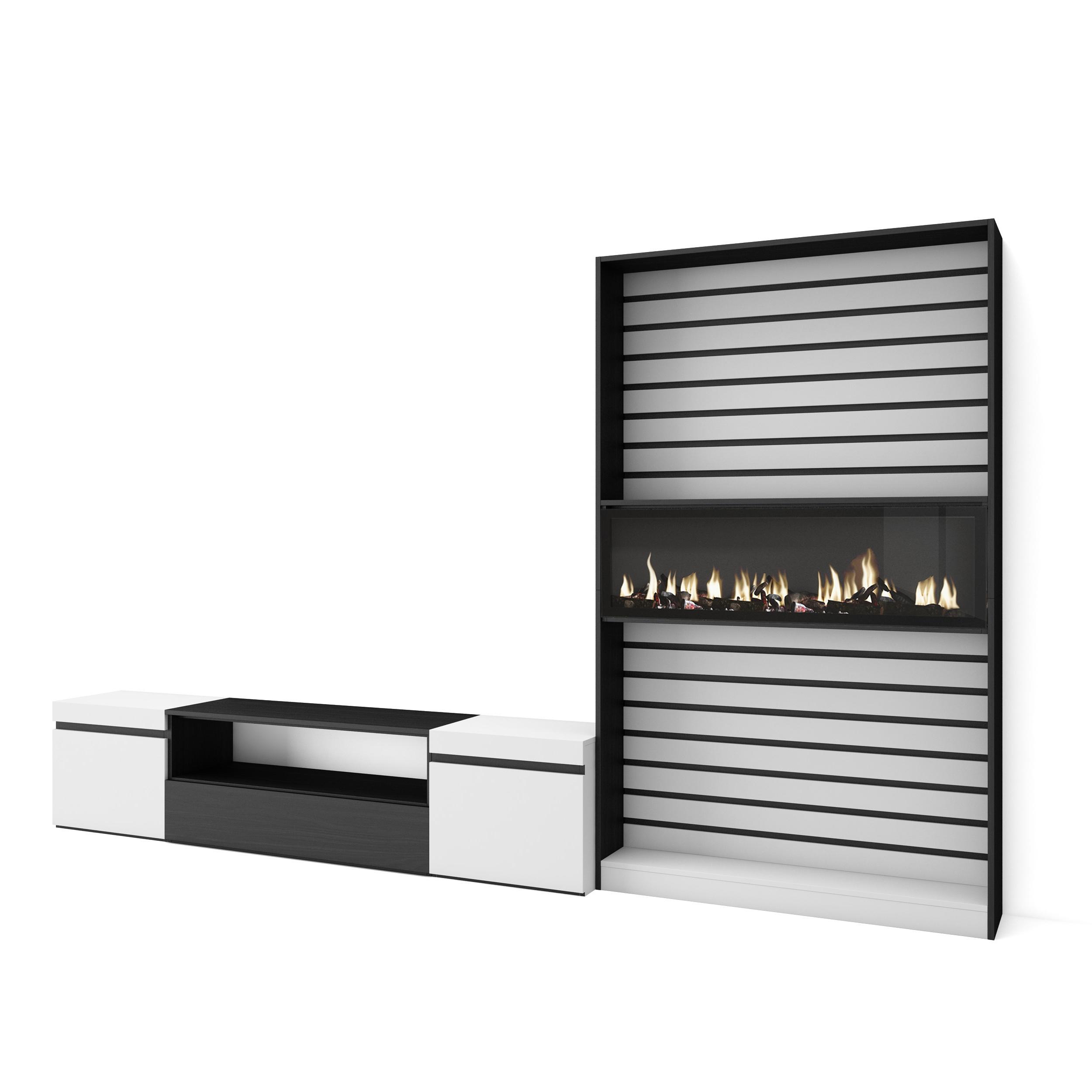 Skraut Home - Conjunto de muebles de Salón - Estantería Con fuego XXL led efecto llama 3d y  Mueble de televisión - Veteado de madera - Tacto poroso de alta calidad - Estilo Moderno -  Medidas totales 310x35x186cm