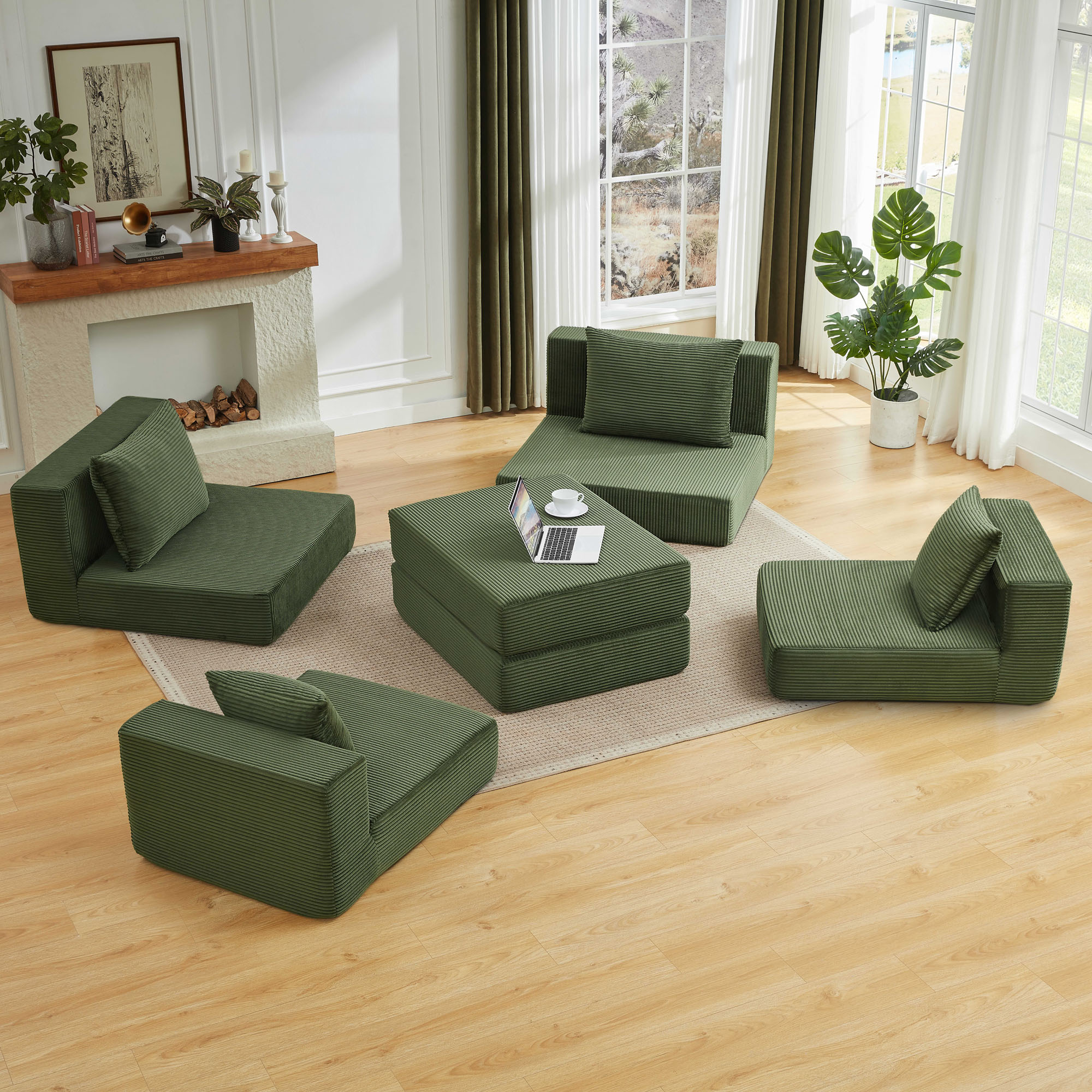 Canapé modulable 3 places vert, canapé cloud sans structure rigide avec base antidérapante et fonction couchage