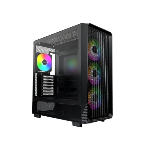 MONTECH X5- ATX - Carcasa para PC para Juegos de Torre Media, Alto Flujo de Aire, 3 Ventiladores ARGB de 140 mm y 1 x 120 mm preinstalados, Panel Lateral de Vidrio, Detalles de impresión de Carbono