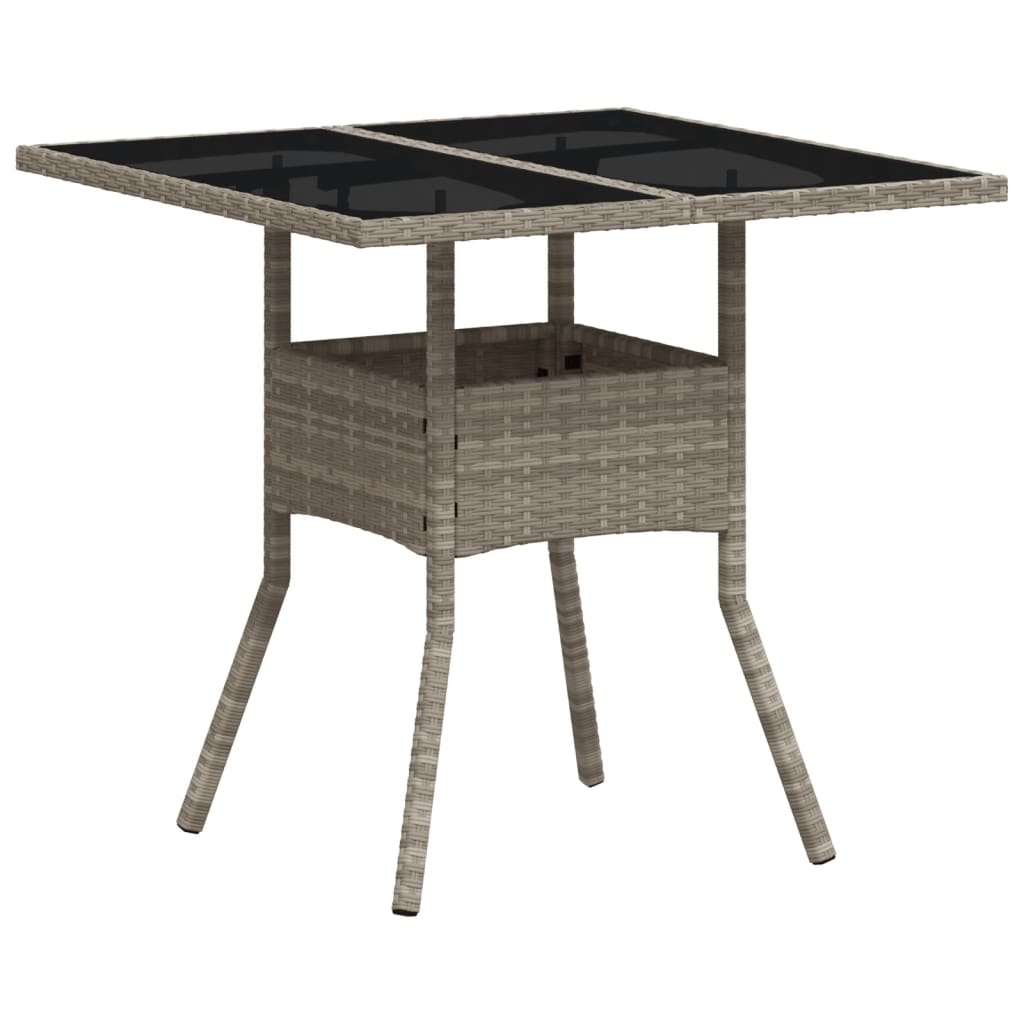 vidaXL Mesa de jardín superficie de vidrio y ratán PE gris 80x80x75 cm