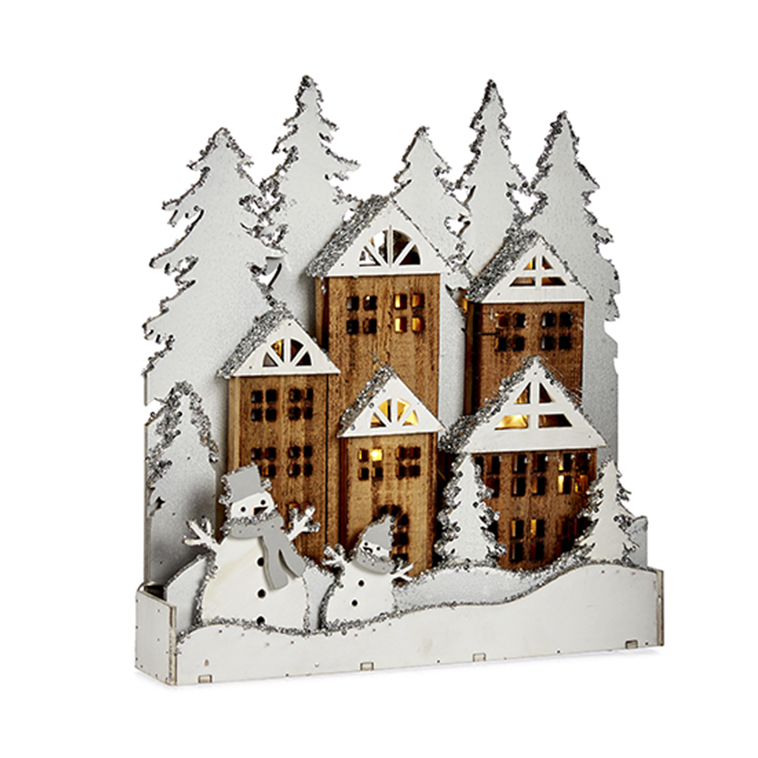 DAM. Figura pueblo de madera blanca con nieve. 44x6x44cm