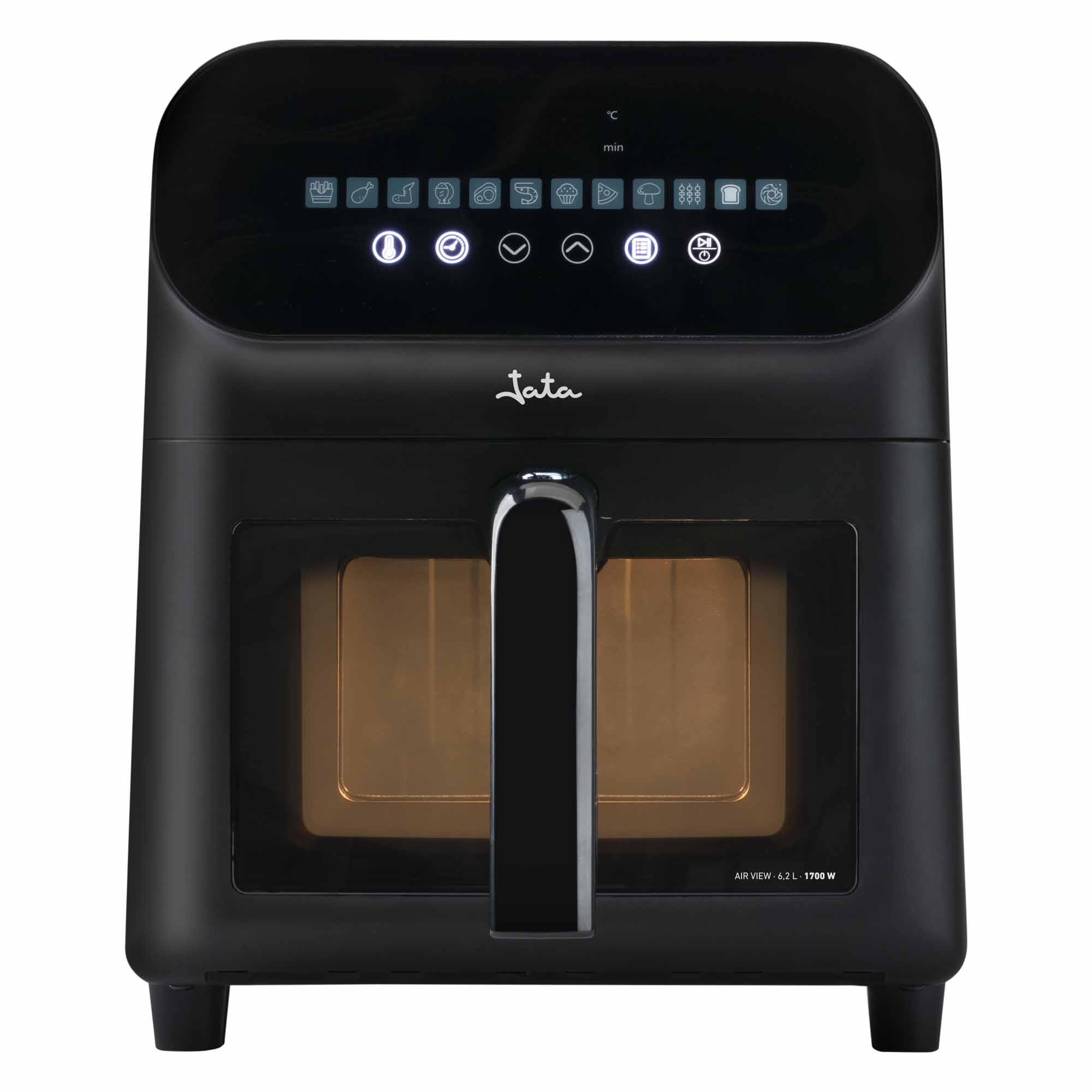 JATA JEFR1230 - Freidora Aire, Freidora Sin Aceite 6.2 L. 1700 W. Hasta 200ºC. Panel Táctil LED. 12 Programas de Cocinado. Con Ventana Visor. Medidas: 26,5 x 32,5 x 32,5 cm.