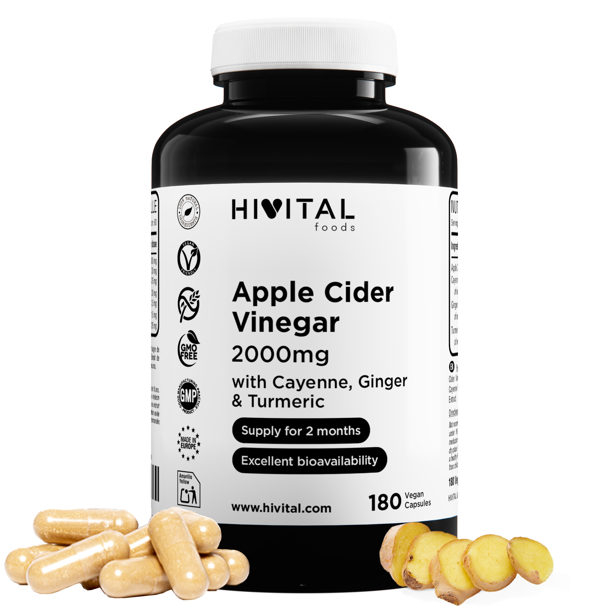 Vinagre de Manzana 2000 mg. 180 cápsulas veganas para 2 meses. Hivital