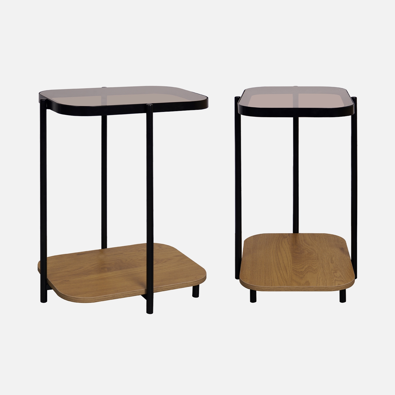 sweeek - Mesas auxiliares de metal con tapa de cristal y decoración de madera, set de 2 , Smooky , 48x37x60