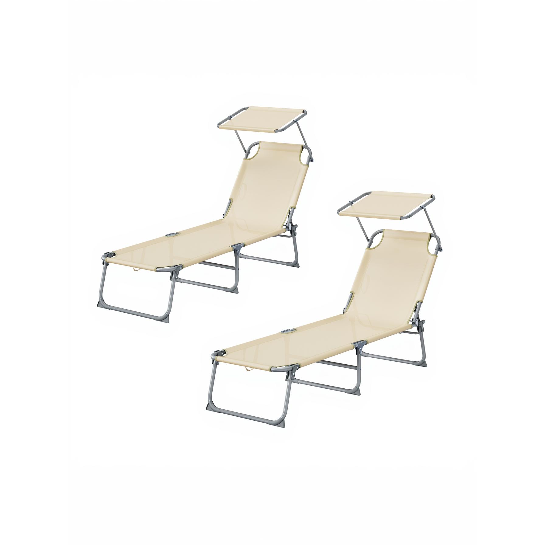 SONGMICS Tumbonas Plegables, 189 x 53 x 28,5 cm, Juego de 2 Tumbonas para Jardín, Cada Una con Carga 110 kg, con Parasol y Respaldo Ajustables, para Terraza y Balcón, Beige/Gris/Negro
