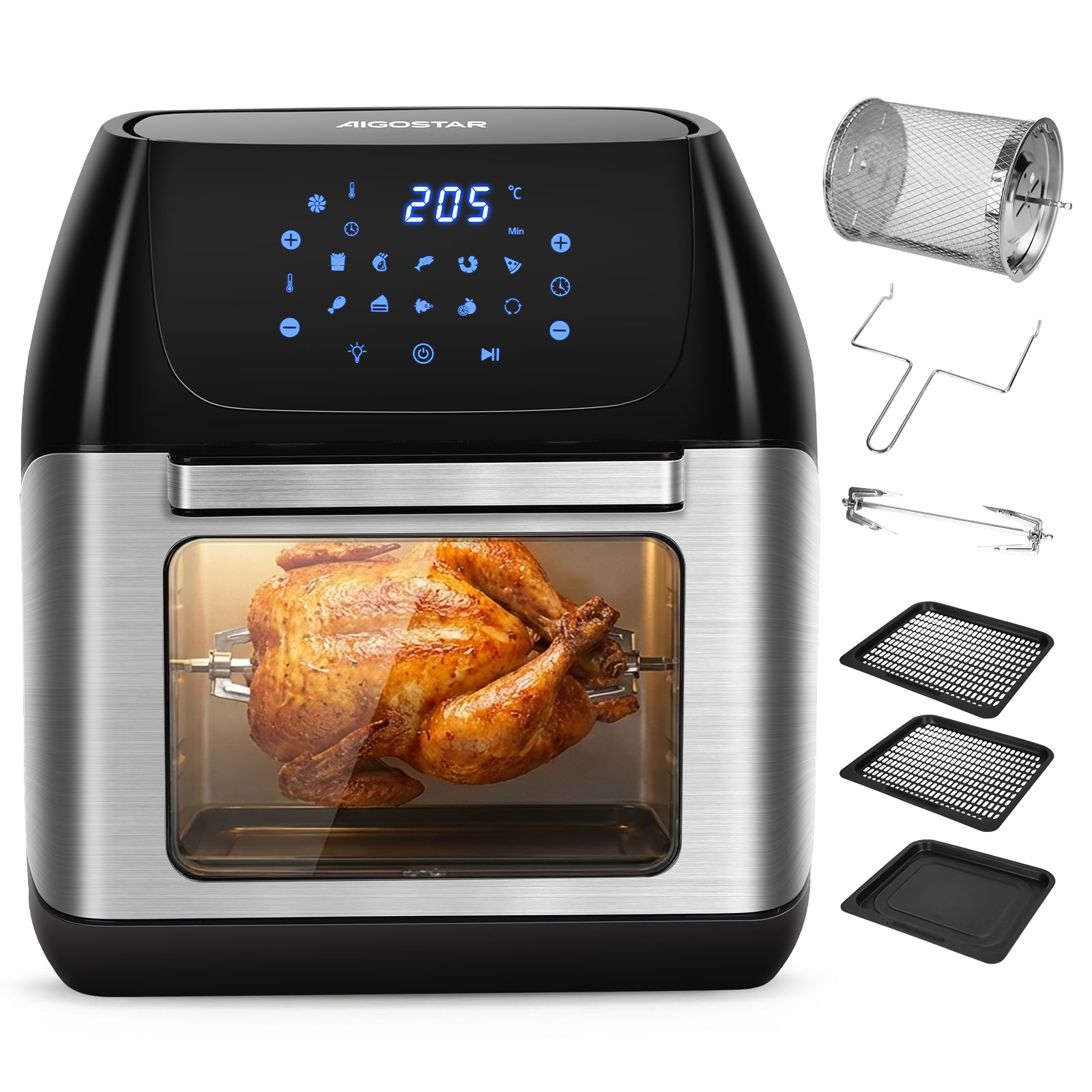 Aigostar Freidora de Aire 12L con Sistema Giratorio, Horno de Aire 1500W con 9 Programas y Pantalla LED Táctil | Air Fryer de Acero Inoxidable con Ventana de Visualización, Incluye Accesorios y Función Deshidratador