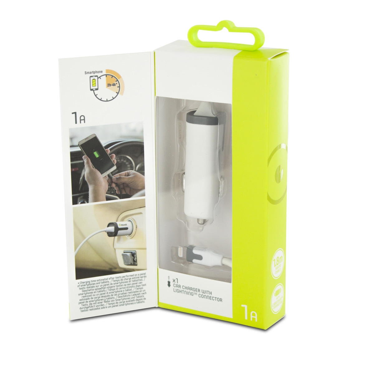 muvit cargador coche Lightning MFI 1A cable rizado 1.8m blanco