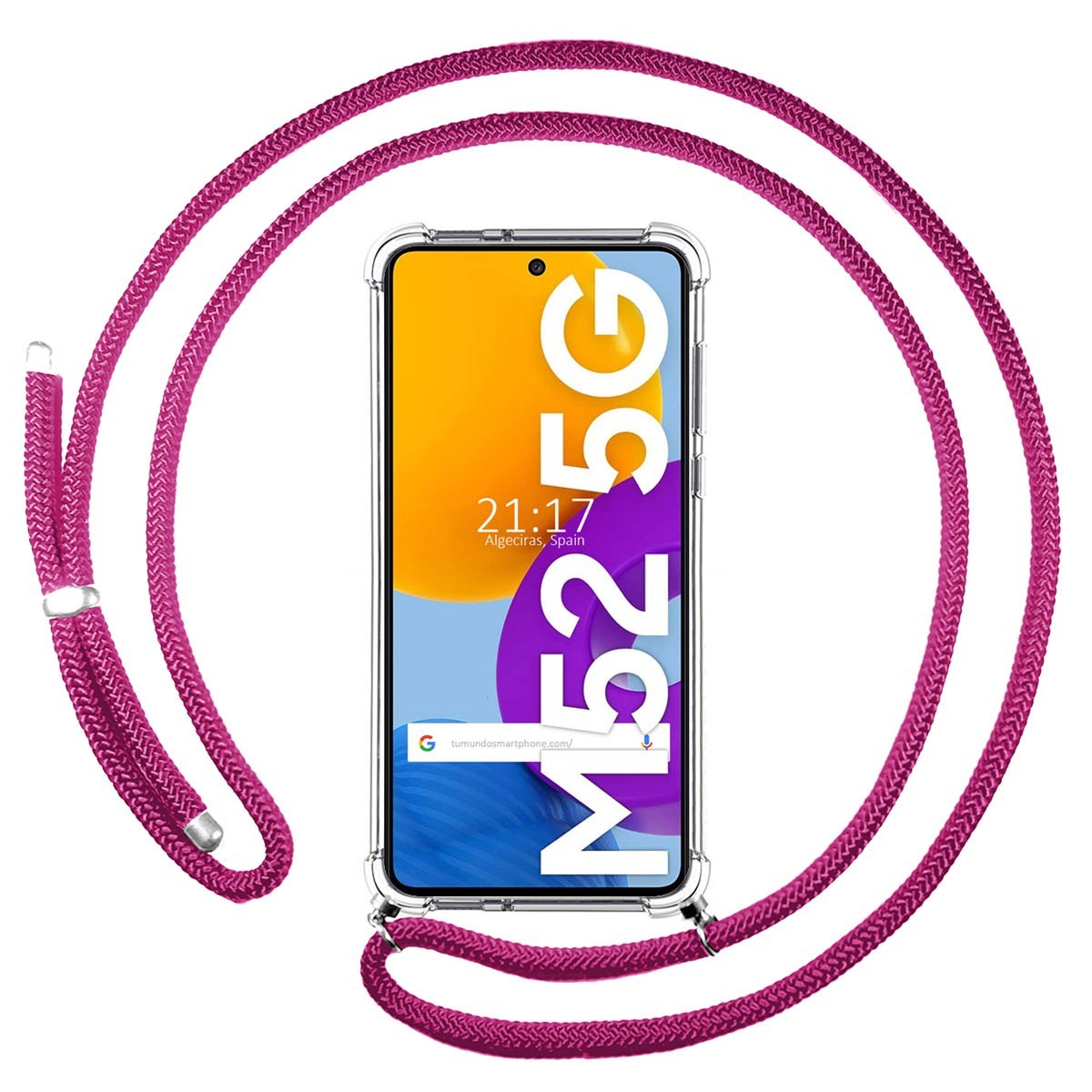 Tumundosmartphone Funda Colgante Transparente Samsung Galaxy M52 5G con Cordon Rosa Fucsia - Protección Antigolpes
