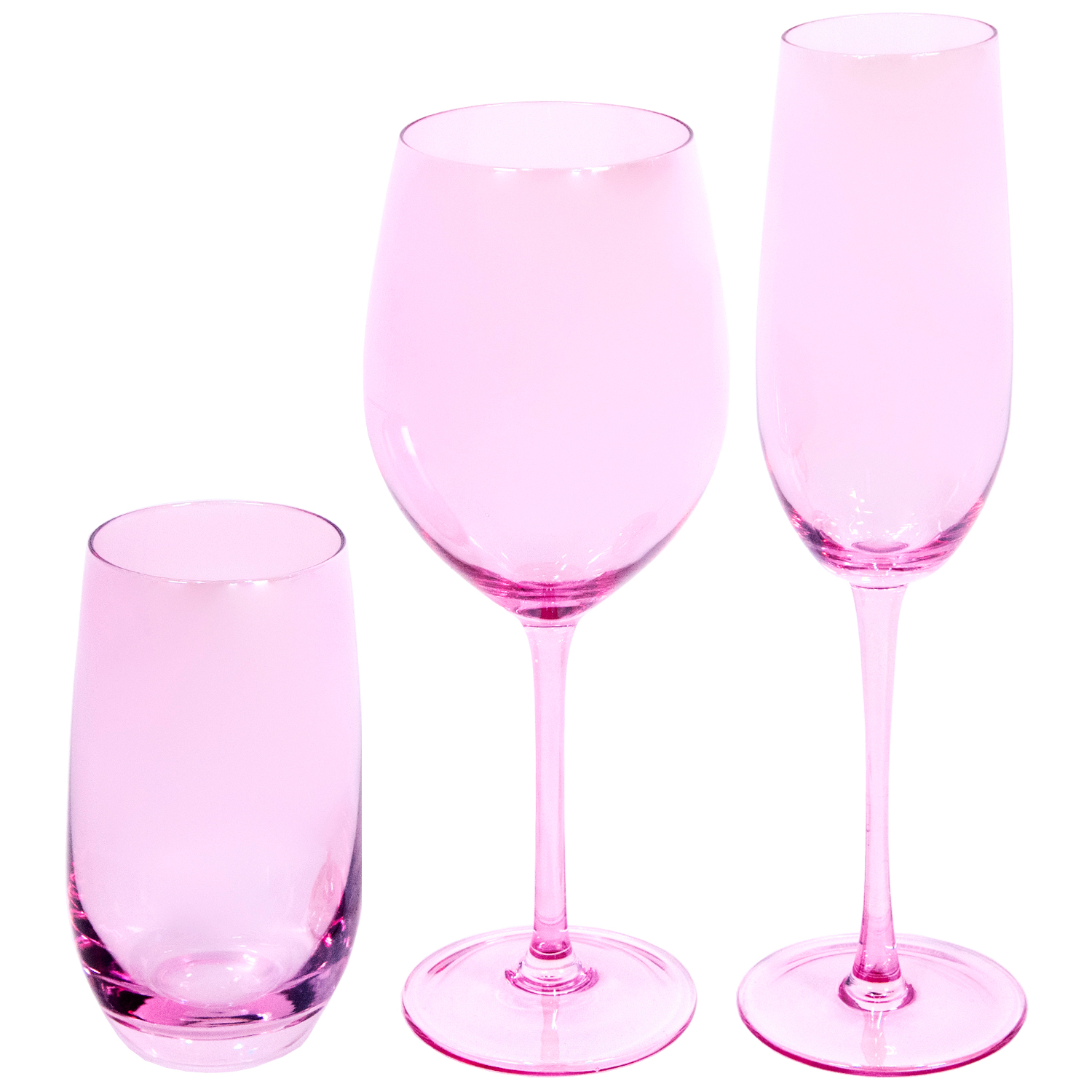 EME Mobiliario Juego de Copas de Cristal en Color Rosa Compuesto por Copa de Cava, Copa de Vino y Vaso. 6 Unidades de Cada Pieza.