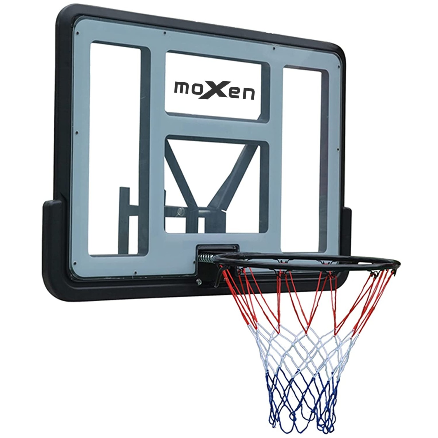 Set Tablero Baloncesto Moxen Swish  compuesto por tablero, aro y red de fácil colocación