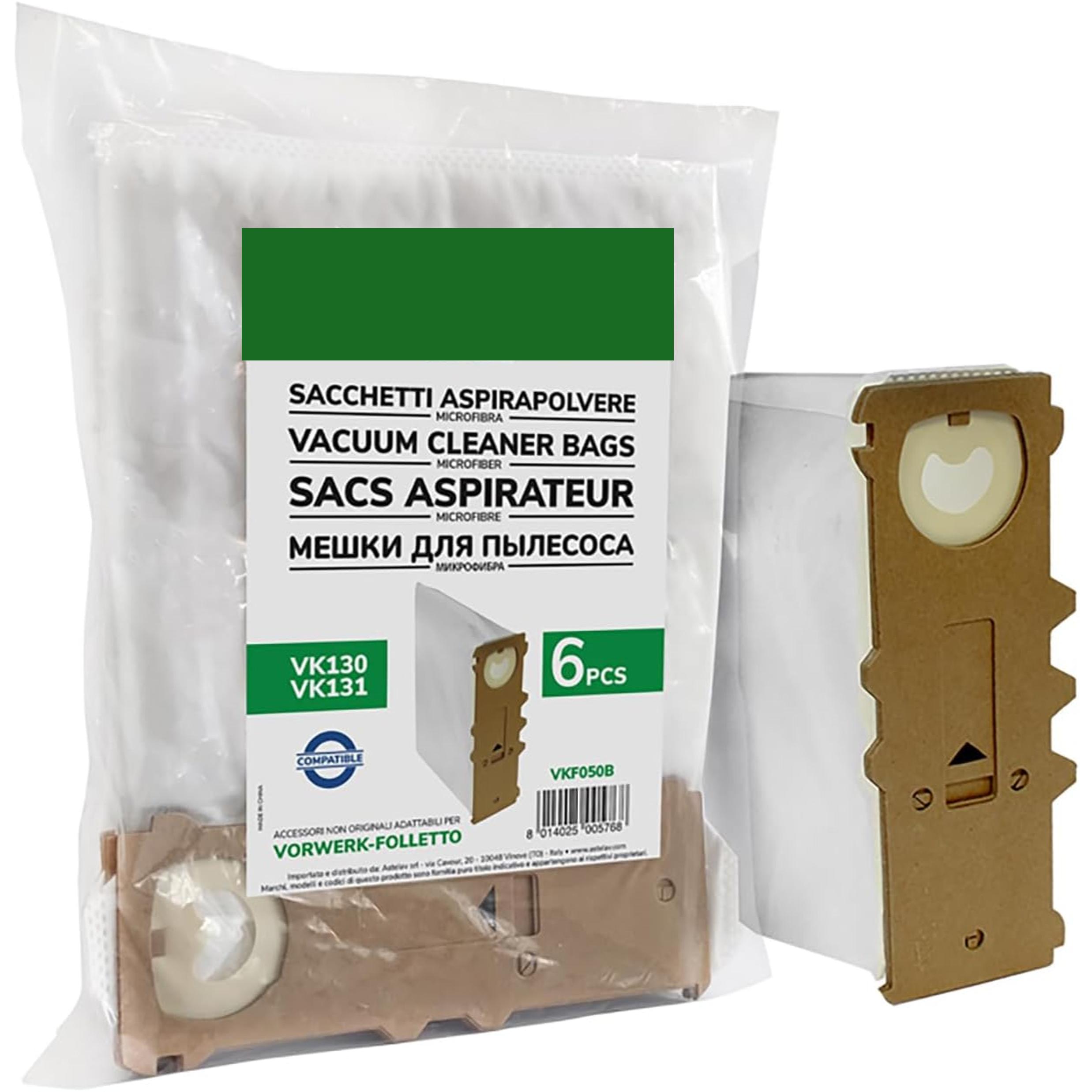 Pack de 6 Bolsas de Microfibra Compatibles con Aspiradoras Folletto VK130 y VK131 | Filtración Eficaz, Alta Resistencia y Fácil Sustitución