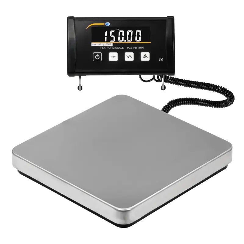 Balanza con plataforma hasta 150 kg, interfaz USB bidireccional, función PEAK Hold, función de cómputo, alimentación por batería y red eléctrica, incl. cable de interfaz USB / PCE Instruments