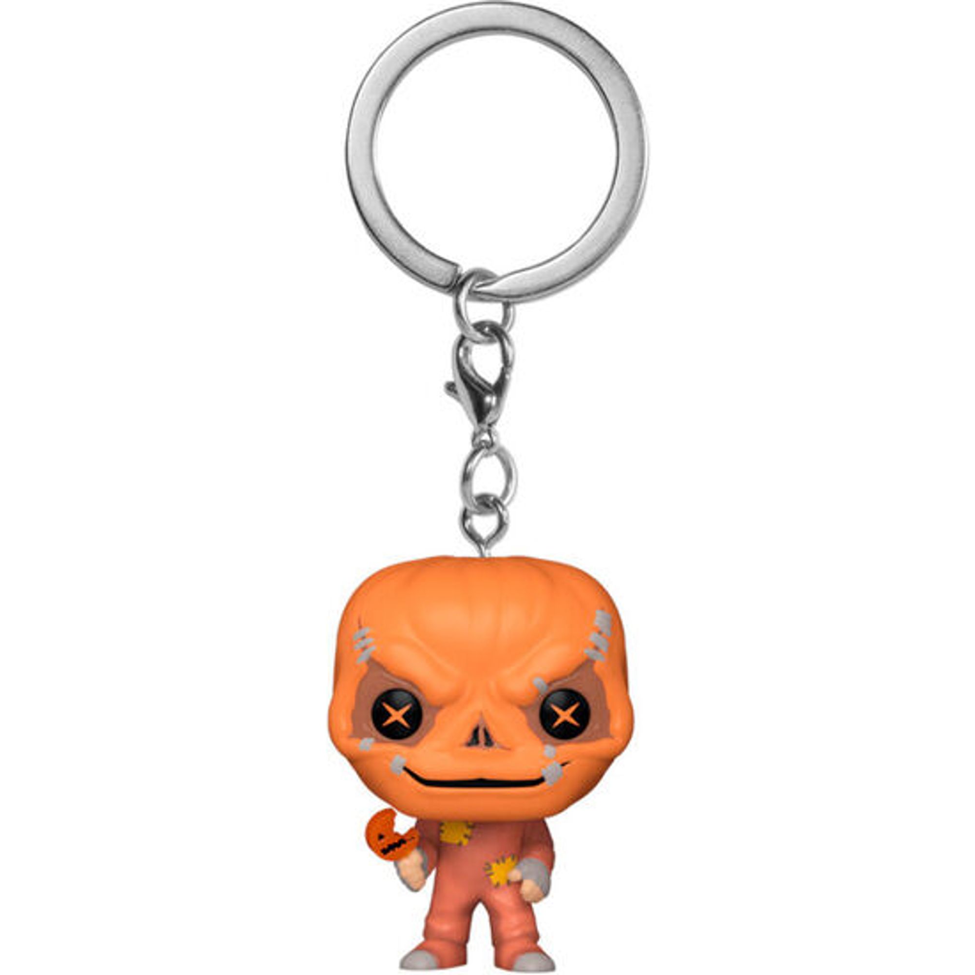 Llavero de Vinilo Trick r Treat Sam para Fans de Películas, Mini Figura Coleccionable, Diseño Detallado con Traje Naranja, Ideal para Regalo y Decoración