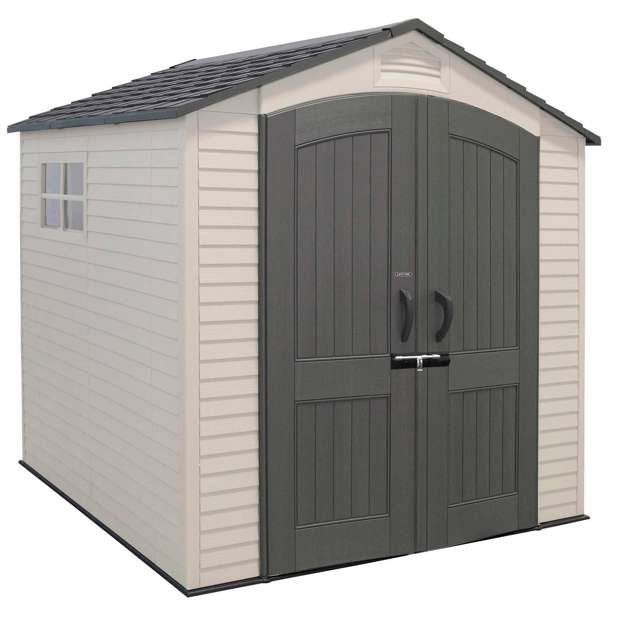 Lifetime - Caseta de jardín 4,4 m², suelo antideslizante, fabricada de polietileno HDPE, 2 ventanas, estantes incluidos, tejado inclinado, doble puerta con cerradura (candado no incluido), ideal para herramientas y almacenaje exterior