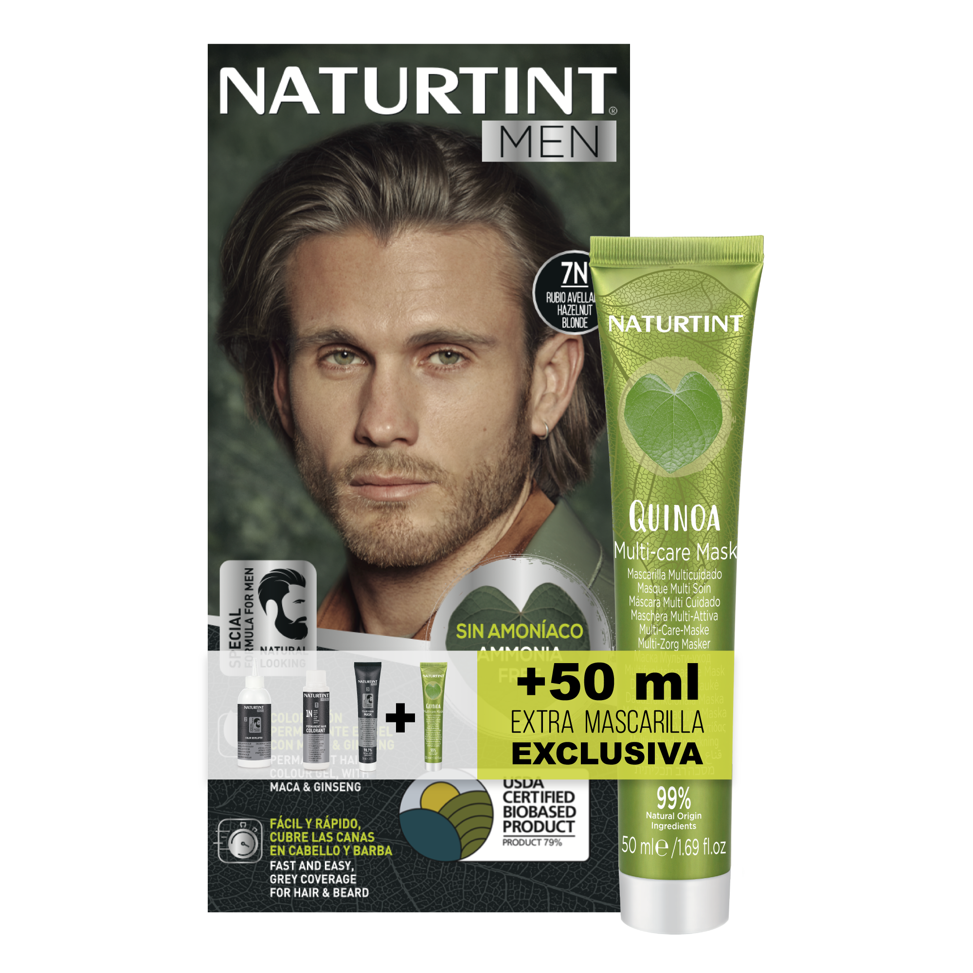 Naturtint Men Biobased + Extra Mascarilla 50ml |  Coloración Permanente Sin Amoniaco para Hombre | Tinte para Cabello y Barba | 100% Cobertura de Canas | Color Natural y Duradero | Ingredientes Naturales | 1N Negro