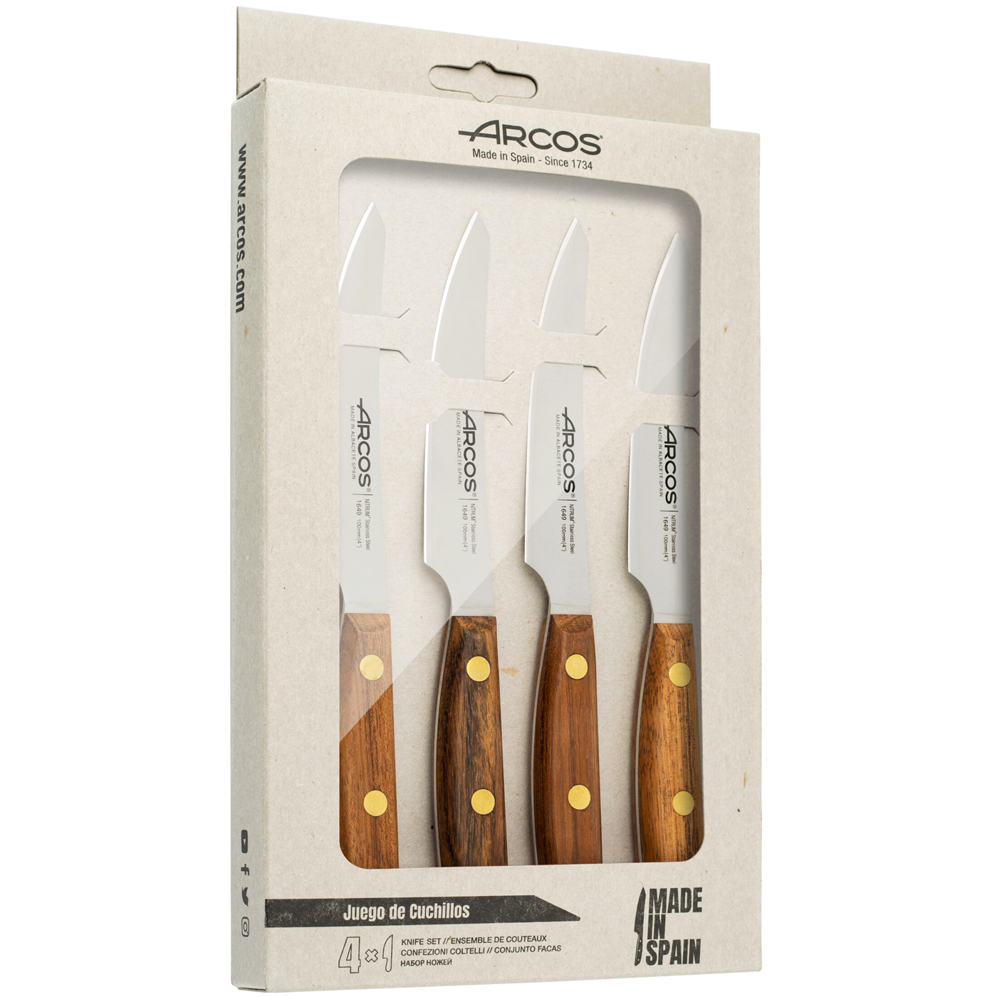 ARCOS Nordika - Set de 4 Cuchillos Chuleteros (100 mm) - Acero Inoxidable Nitrum® - Mango de Madera de Ovengkol - 167400