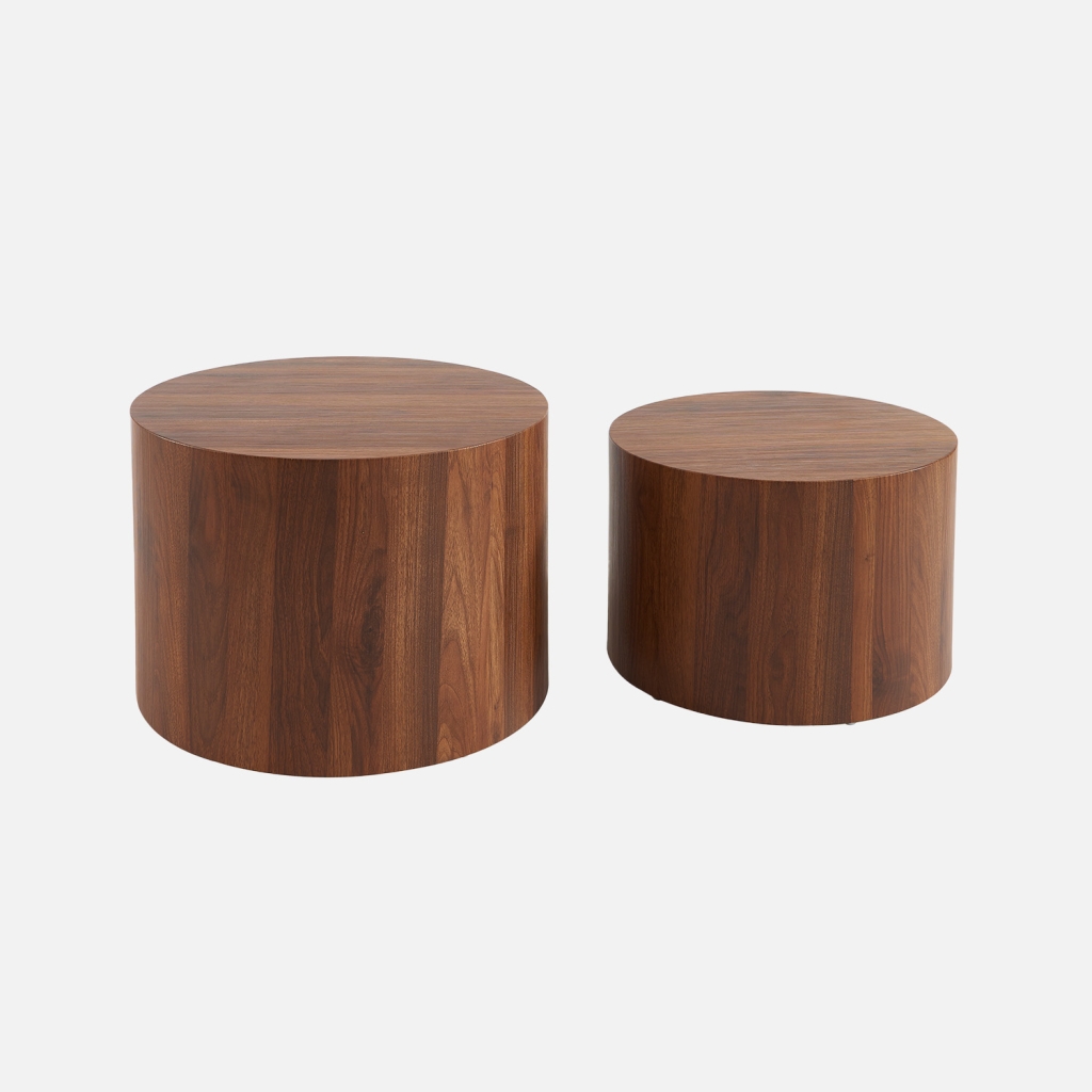 sweeek - Mesas bajas redondas nido con efecto roble, set de 2 , Sylva , 58x58x40