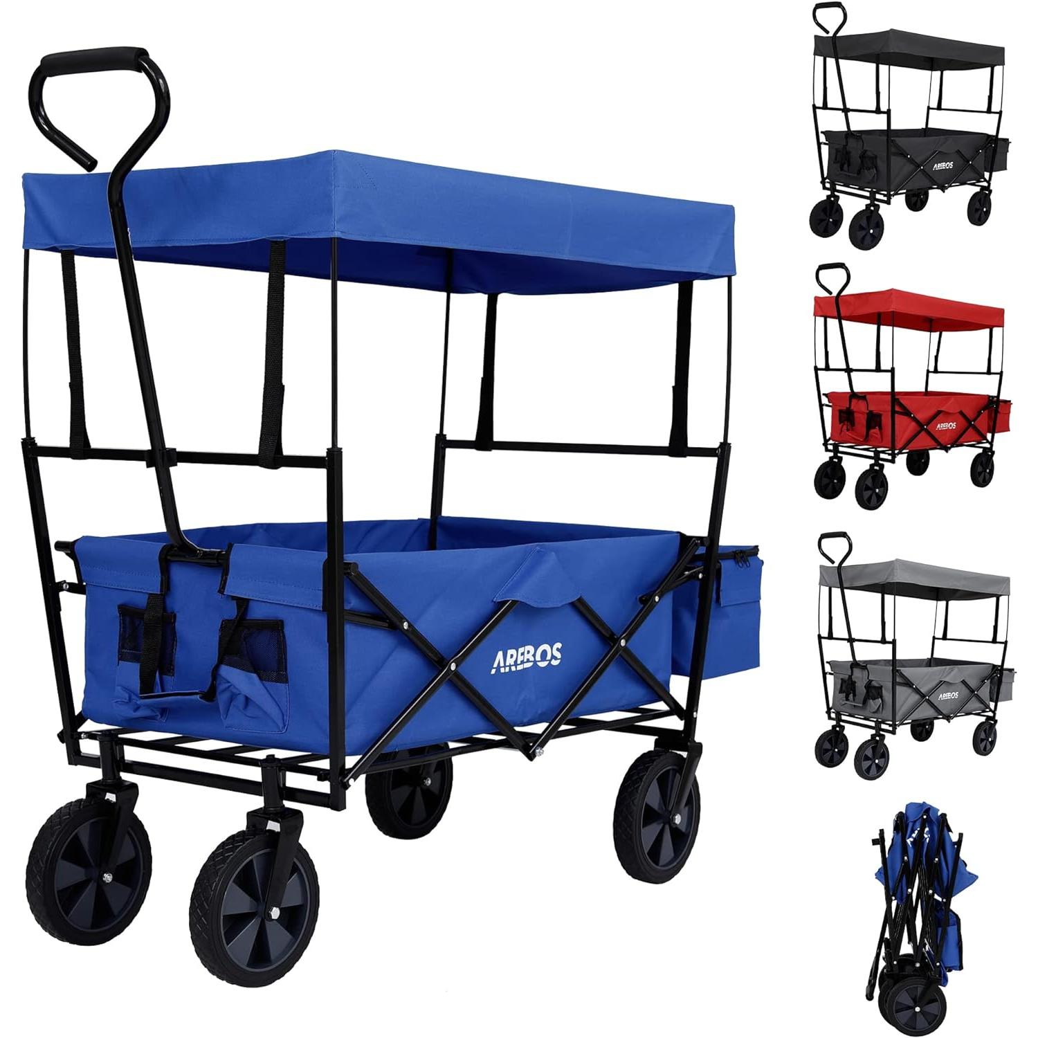 AREBOS Carro de Mano Plegable 70 Kg - Carrito Playa Techo - Barra Telescópica - Ruedas Giratorias 360°