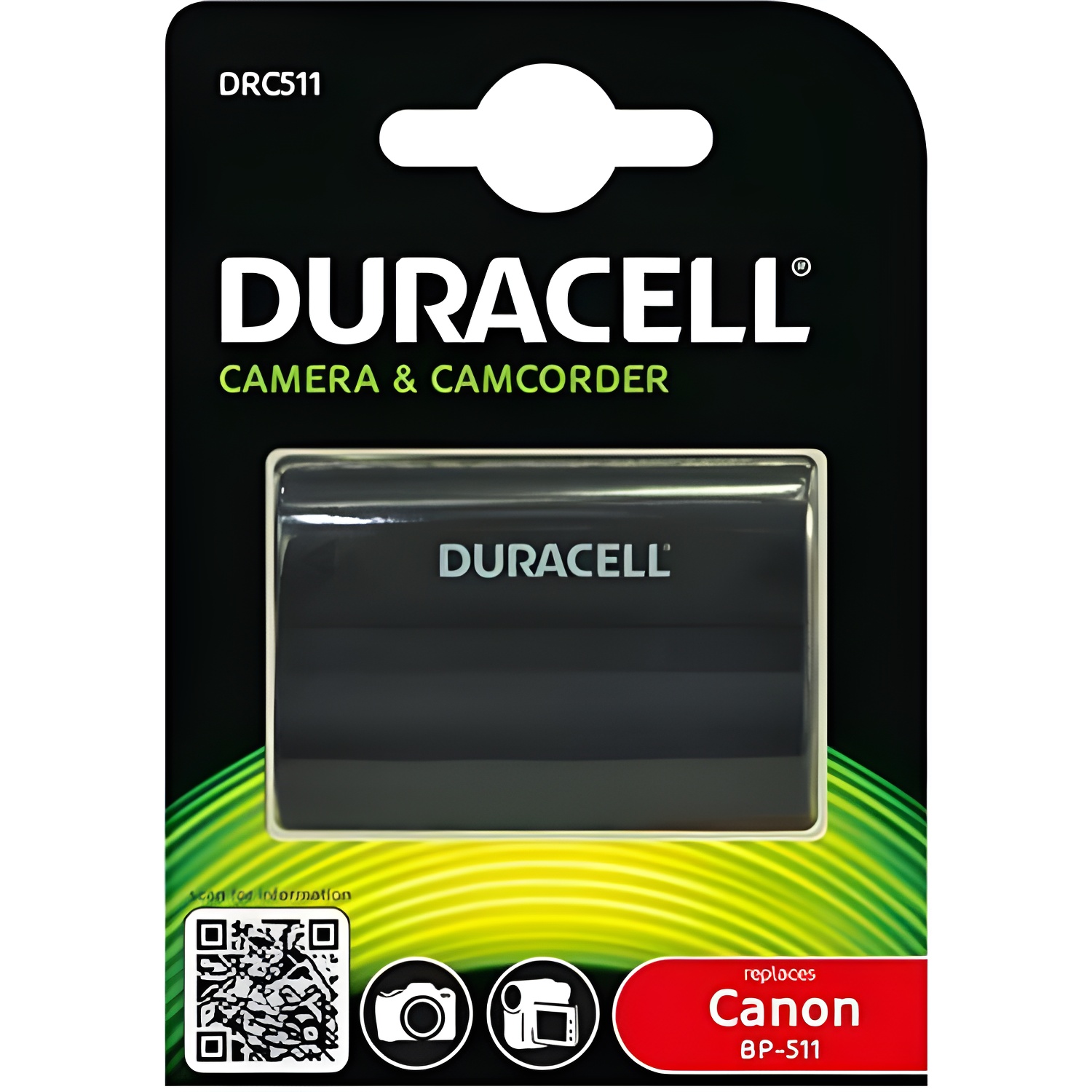Duracell DRC511 Battery for Portable Video Camera 7.4V 1600mAh, lithium-ion, CE certified, compatible with Canon EOS 20, 30, 40, 50, 5D, and PowerShot G6, high capacity and lightweight at 79g.