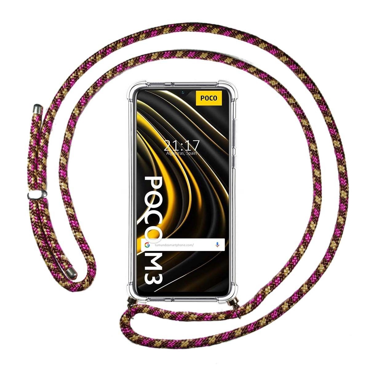 Tumundosmartphone Funda Colgante Transparente para Xiaomi POCO M3 / Redmi 9T con Cordon Rosa / Dorado